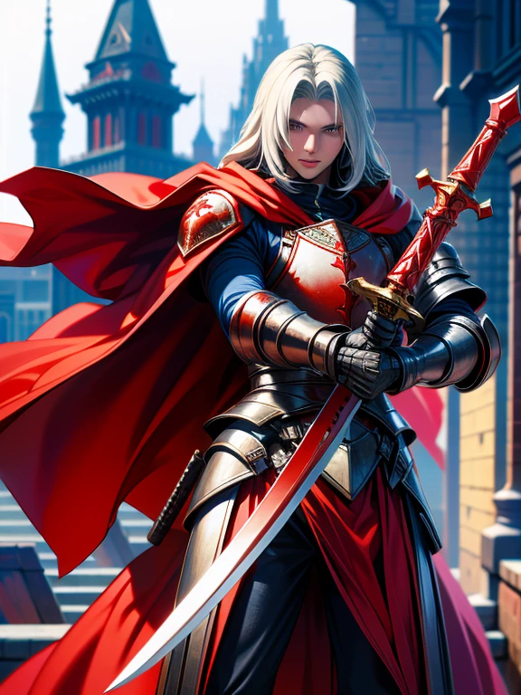 1 long-haired albino male knight, wearing red hood、Wearing heavy armor and carrying a long sword、With the old castle in the background