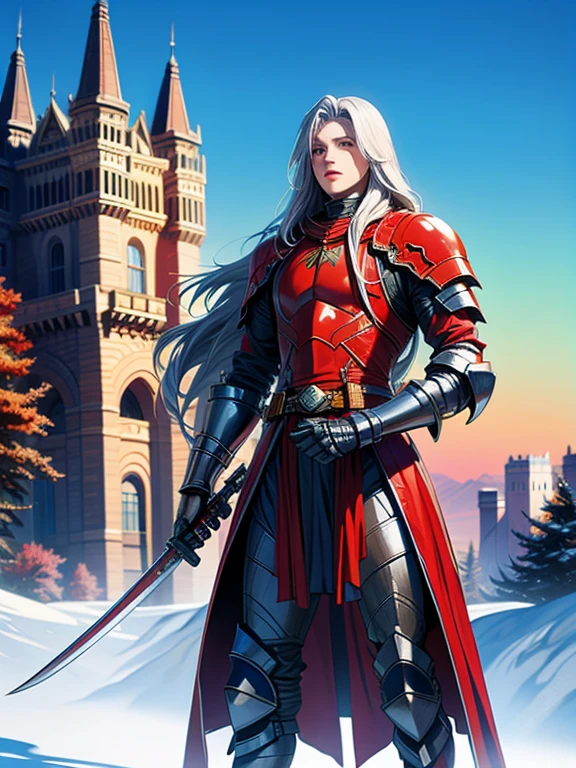 1 long-haired albino male knight, wearing red hood、Wearing heavy armor and carrying a long sword、With the old castle in the background