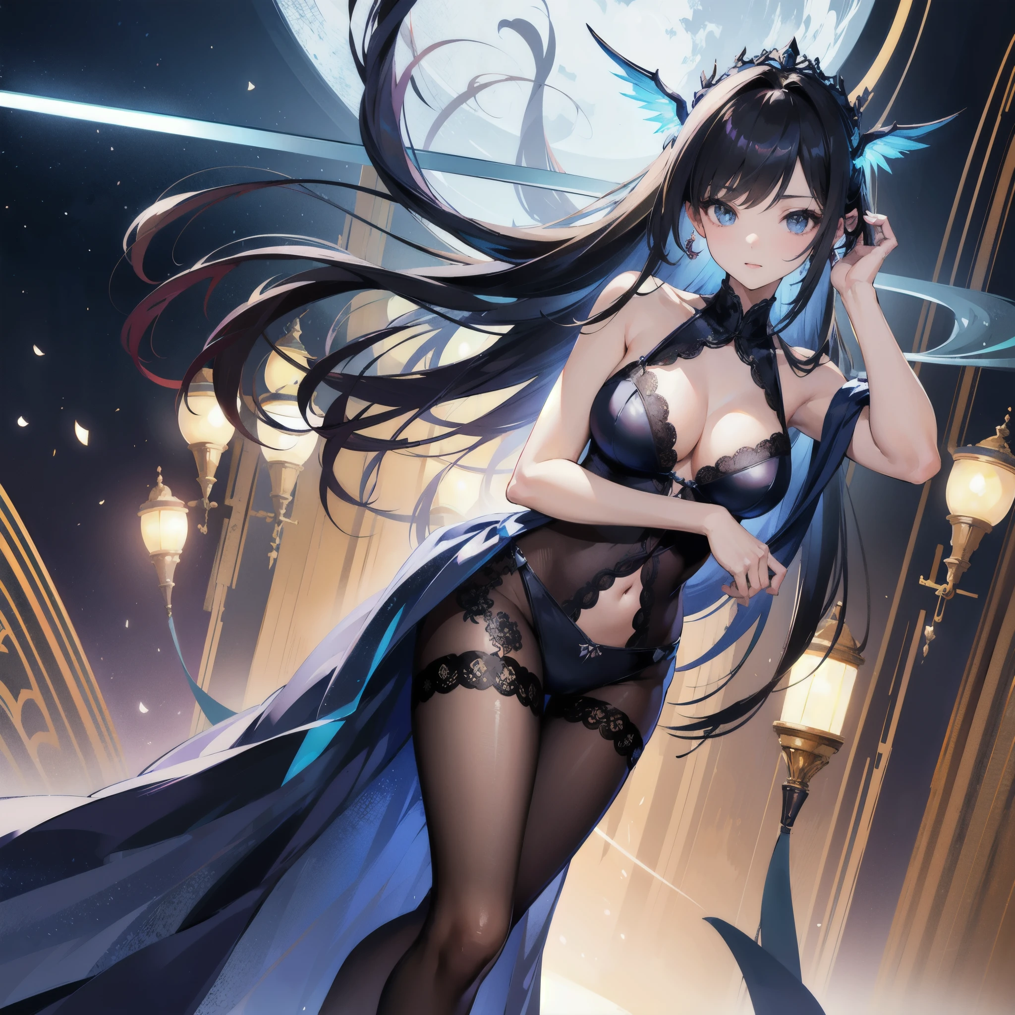 ((masterpiece, best quality)), Detailed face，Final Fantasy，Rinoa，whole body，Perfect body proportions，Blink，halo above head，Fantasy style，extremely beautiful，transparent，Sexy Lingerie，Lace，Pantyhose