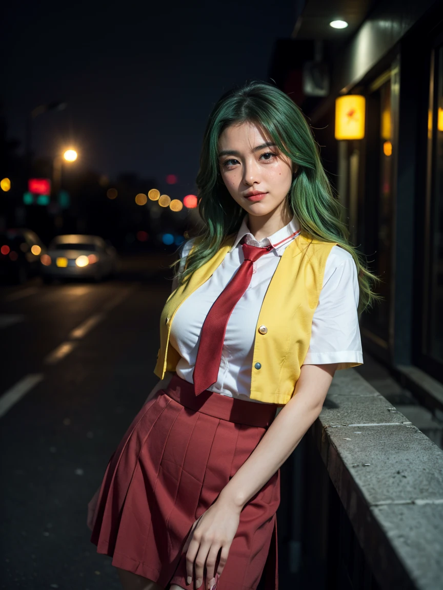 (1 lady), (Best quality at best:1.4), (ultra - detailed), (extremely detailed CG unified 16k), A Beautiful Woman with Perfect Figure: 1.4, Sharp Focus: 1.2, very detailed, High-definition RAW color photo, professional photoshooting, amazing face and eyes, cosmetics, (amazingly beautiful girl), ((Mion Sonozaki)), ((white shirt, red necktie, yellow vest, red skirt)), standing, sexyposture，(Dark and stylish urban landscape, city lights, city lights:1.3), (look from down), realistic cinematic face, head to feet long wide zoomed out view, full body long view, photorealistic, ((realistic natural green hair style, green eyes, long hair)), gorgeous, extremely beautiful face, perfect model beauty, pout mouth, Highly Detailed Face and Skin Texture, Detailed Eyes, Double Eyelids, Big Breasts, Smile, cleavages, western, (masterpiece), best quality, high resolution, extremely detailed, blurred background, depth of field, cinematic lighting, amazing legs, clear and well-cared skin, (((woman occupies most of the picture)))