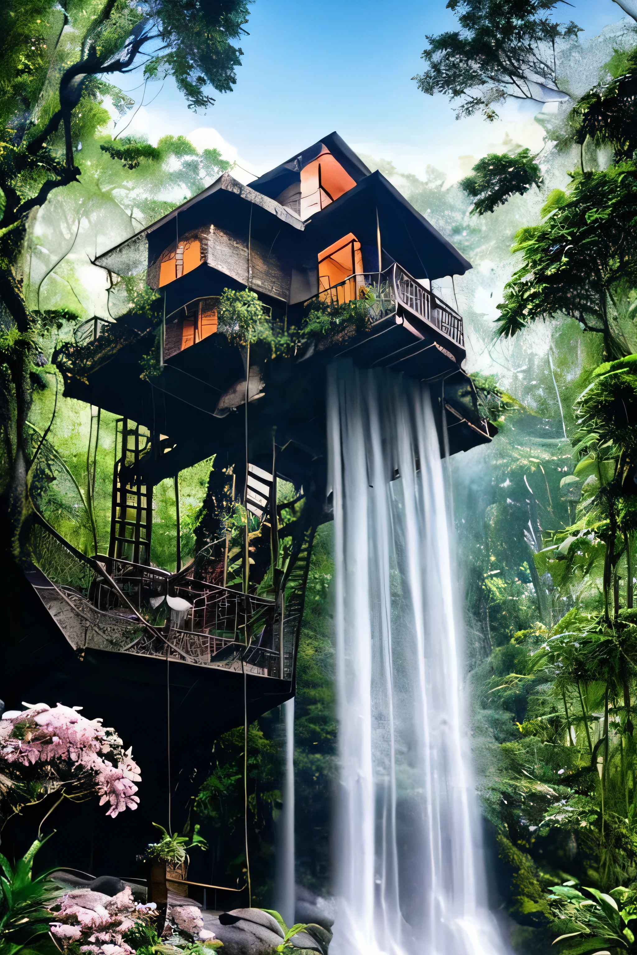 Perfection The Coolest tree house on a large rock in the middle of the jungle in The morning with waterfall, flowers in front of the house and trees on both sides of the house