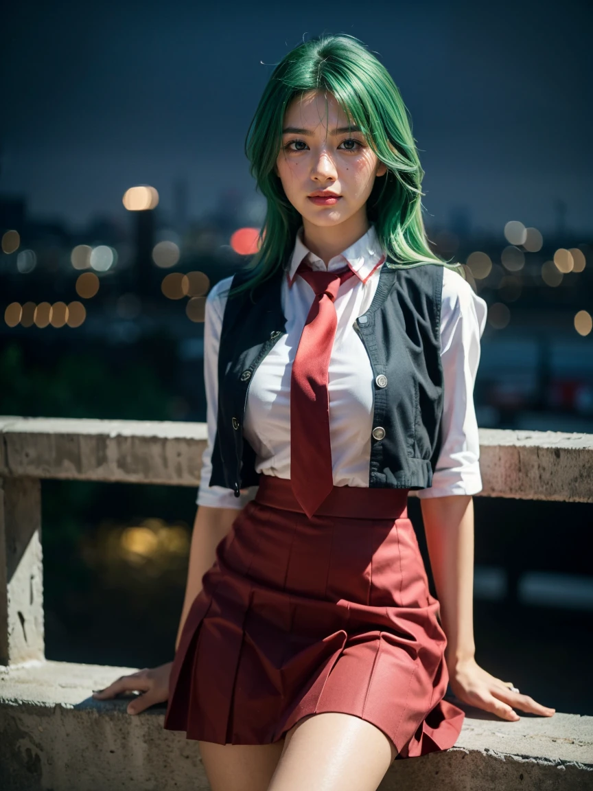 (1 lady), (Best quality at best:1.4), (ultra - detailed), (extremely detailed CG unified 16k), A Beautiful Woman with Perfect Figure: 1.4, Sharp Focus: 1.2, very detailed, High-definition RAW color photo, professional photoshooting, amazing face and eyes, cosmetics, (amazingly beautiful girl), ((Mion Sonozaki)), ((white shirt, red necktie, yellow vest, red skirt)), standing, sexyposture,(Dark and stylish urban landscape, city lights, city lights:1.3), (look from down), realistic cinematic face, head to feet long wide zoomed out view, full body long view, photorealistic, ((realistic natural green hair style, green eyes, long hair)), gorgeous, extremely beautiful face, perfect model beauty, pout mouth, Highly Detailed Face and Skin Texture, Detailed Eyes, Double Eyelids, Big Breasts, Smile, cleavages, western, (masterpiece), best quality, high resolution, extremely detailed, blurred background, depth of field, cinematic lighting, amazing legs, clear and well-cared skin, (((woman occupies most of the picture)))