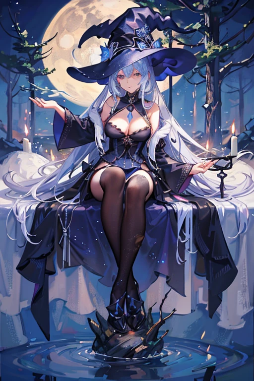A long-haired witch wearing a mysterious costume that accentuates her overflowing huge breasts in a forest lake at night