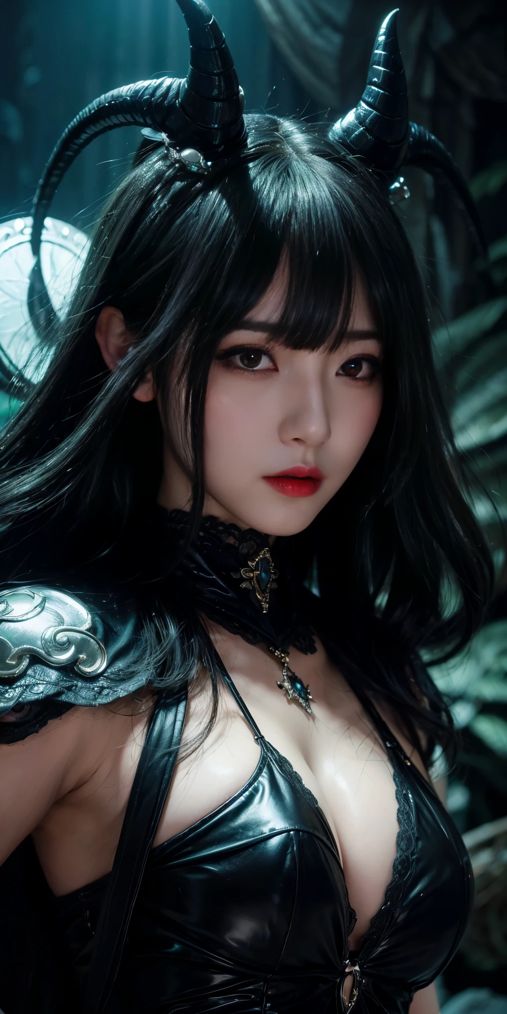 Are you okay、(Best illustrations)、8K UHD resolution、Intricate details、最high quality、Realistic、Ultra-detailed、Best lighting、Best Shadow、Soft lighting、Ultra HD、Dungeons and Dragon、cave、Dungeons、 Necromancer、night、Dark Style、Succubus、Devil's Daughter、Bat Wings,(((Devil horns)))、((((Black-rimmed round glasses))))、(((Huge boobs)))、(Devil's Tail)、(Red eyes glow:1.6)、masterpiece、Beautiful Face、Tyndall effect、Photo Real、(High Definition Skins:1.2)、8KUHD、Digital SLR、high quality、picture、High resolution、 Absurd、Ponytail Distortion、The optimal ratio is four fingers to one thumb、1 girl、hair ornaments、赤い輝くgemのネックレス、gem、Beautiful expression、Body Up、Big breasts are important、Tight waist、Wide ass、Tyndall effect、Photorealistic、(High Definition Skins:1.2)、