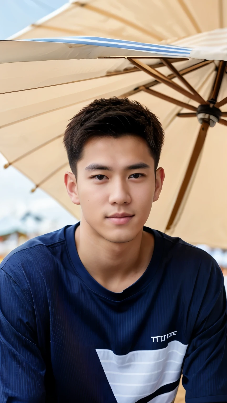((Young man wearing blue and white thin horizontal striped T-shirt ))((The background is under the large parasol of the outdoor cafe))masterpiece),(Best quality),(Reality:1.6),Real human skin,Depth of Field, Natural Lighting, Looking at the audience, 1 boy, Handsome,show off,In the classroom,