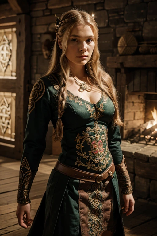 viking warrior queen in adquate clothes embroidered with celtic medieval ornamentic