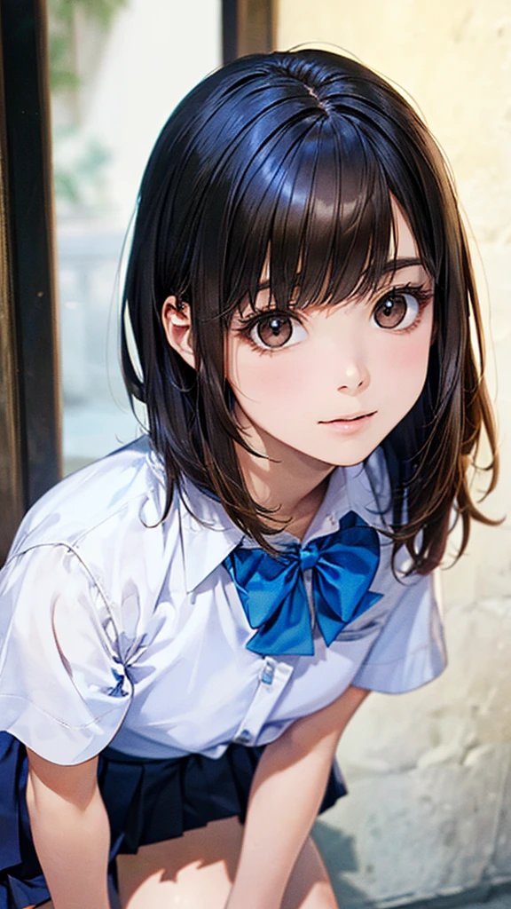 (masterpiece:1.2, highest quality), (Realistic, photoRealistic:1.4), Beautiful illustrations, (Natural Side Lighting, Cinema Lighting), 
View your audience, 1 girl, Japanese, Junior high school girl, 12 years old, Perfect Face, cute and symmetrical face, Shiny skin, thin, 
(Middle Hair:1.2, Half Up:1.4, Light brown hair), Asymmetrical bangs, Brown eyes, Long eyelashes, (Medium Chest:0.7), 
Beautiful Hair, Beautiful Face, Beautiful details, Beautiful clavicle, Beautiful body, Beautiful breasts, Beautiful thighs, Beautiful legs, Beautiful fingers, 
((Detailed cloth texture, Short sleeve white collar shirt, Blue pleated mini skirt, Blue bow tie)), 
(Beautiful views), evening, (River side), Are standing, (cute, cute笑顔, Upward glance),