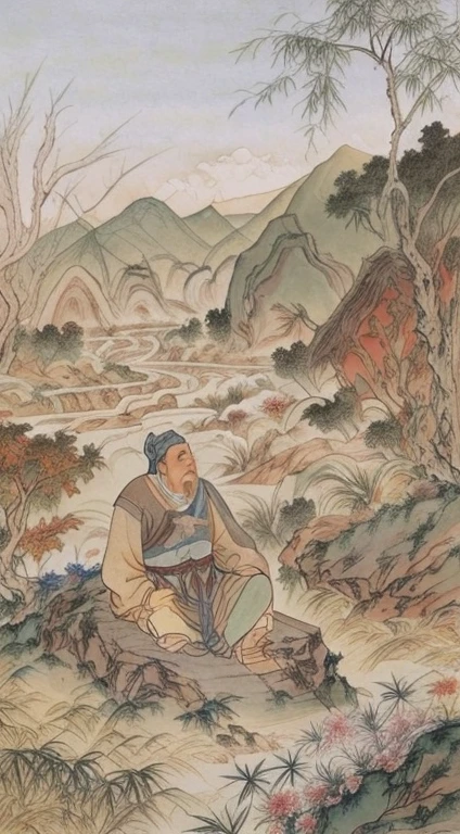 Chinese painting, Mountain, rock, flower, Grass, river, Tree, Mountain in the distance, (sitting old man), clearly, war, armor, war horse, Vanishing point, 35 mm, Ultra HD, masterpiece, precise, High Detail, award-winning, best quality, 4K