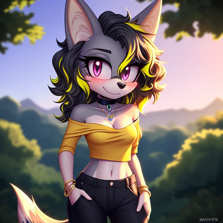 best quality, ultra-detailed, cinematic lighting, beautiful lighting, ((Masterpiece)), hi res, detailed, detailed background, vibrant lighting, high quality, cartoon style, 2d, (Mobian:1.1), solo, (((1girl))), (((female))), (((grey jackal))), grey body fur, ((grey medium wavy hair, yellow highlights:1.3)), tail, (((grey tail))), pink eyes, lean body, ((adult)), (((jewelry, shirt, outdoors, pants, crop top, hand in pocket, blush, no sleeves, collarbone, black pants, necklace, cowboy shot, off-shoulder shirt, black choker, off shoulder, purple shirt))), looks at viewers, bright blush, cute smile, soft, standing