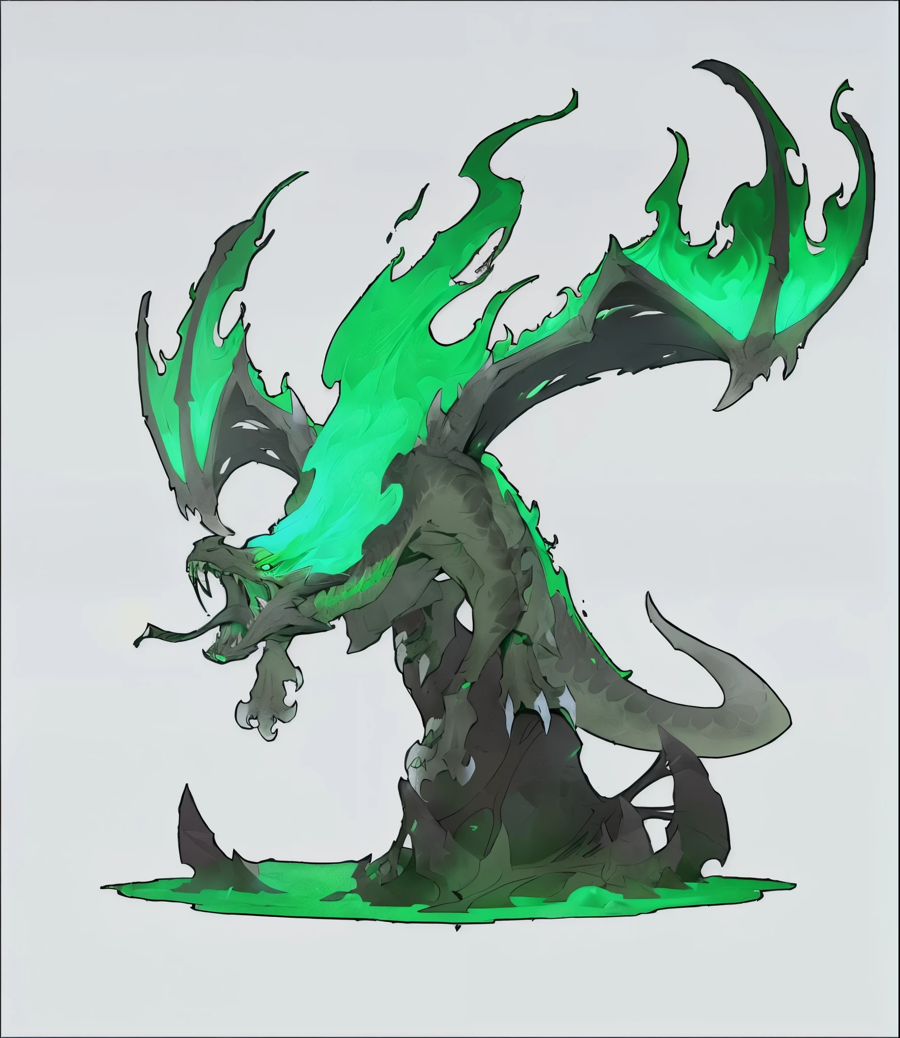There is a green and black dragon，The tail is green, Full body dragon concept, Weird color scheme, massive green dragon!!!, fantasy concept art, Dota 2 concept art, Monster concept art, Demon&#39;s Souls concept art, terrible hatred, Glowing guy creature, Fantasy creature concept art, Biological Design, official concept art, concept creature character art