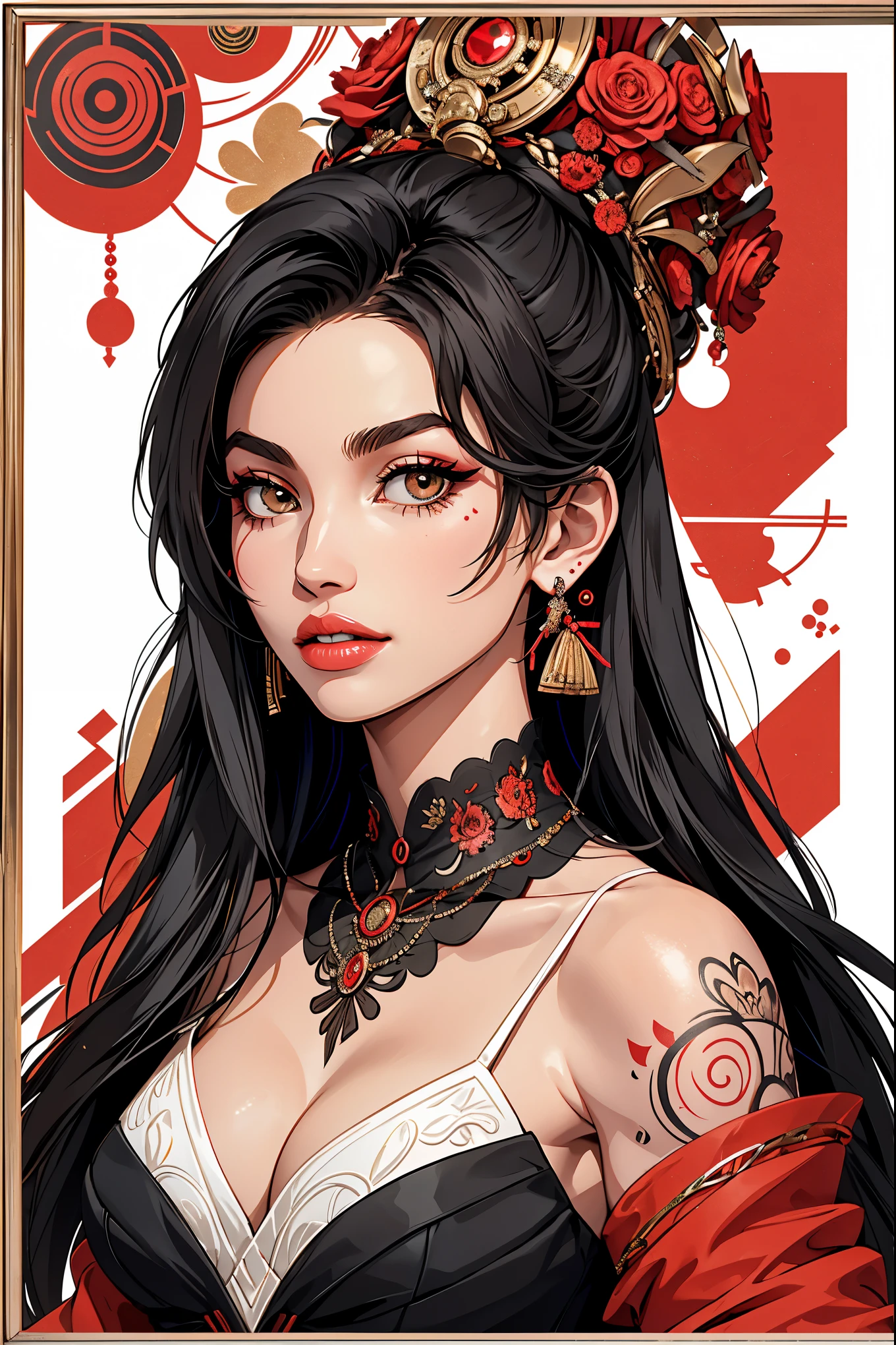 A mesmerizing and contemporary 2D black and red ink tattoo design, featuring the iconic Amy Winehouse with a stylish twist. The design draws inspiration from the elegant influences of African art, incorporating dynamic elements from fashion and design. Amy's portrait is framed with bold, geometric patterns and shapes, reminiscent of the Bauhaus style. The tattoo is centered on the paper, with a slight distance from the edges, set against a crisp white background. these artistic.