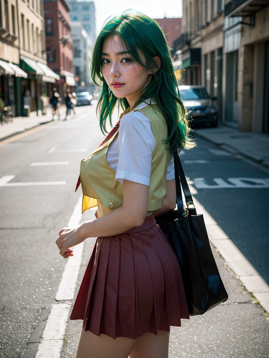 (1 lady), (Best quality at best:1.4), (ultra - detailed), (extremely detailed CG unified 16k), A Beautiful Woman with Perfect Figure: 1.4, Sharp Focus: 1.2, very detailed, High-definition RAW color photo, professional photoshooting, amazing face and eyes, cosmetics, (amazingly beautiful girl), ((Mion Sonozaki)), ((white shirt, red necktie, yellow vest, red skirt)), standing, sexyposture,(Sunny urban landscape), (look from down), realistic cinematic face, head to feet long wide zoomed out view, full body long view, photorealistic, ((realistic natural green hair style, green eyes, long hair)), gorgeous, extremely beautiful face, perfect model beauty, pout mouth, Highly Detailed Face and Skin Texture, Detailed Eyes, Double Eyelids, Big Breasts, Smile, cleavages, western, (masterpiece), best quality, high resolution, extremely detailed, blurred background, depth of field, cinematic lighting, amazing legs, clear and well-cared skin, (((woman occupies most of the picture)))