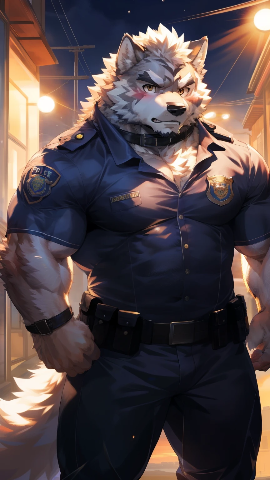 Solitary, anthropology, hairy, hairy male, Wolf, ((Fluffy fur, Fluffy, hairy body)), (Wolf印), (short beard), youth, Gray body, muscular, White, Big muscles, Golden pupils, Tail, deTailed teeth, deTailed face, Fundos, (Black tight police uniform), (The collar is open), Black leggings, Holding a pistol, 很Serious站在警车前, deTailed Fluffy fur, deTailed face, Look at the audience, majestic, barbarous, Serious, Blushing, Strong, Urban streets, Front view, (through empty ghost, From wolf26, masterpiece, high quality, high resolution,8k), permanent, Close-up portraits, outdoor, Dynamic poses, 