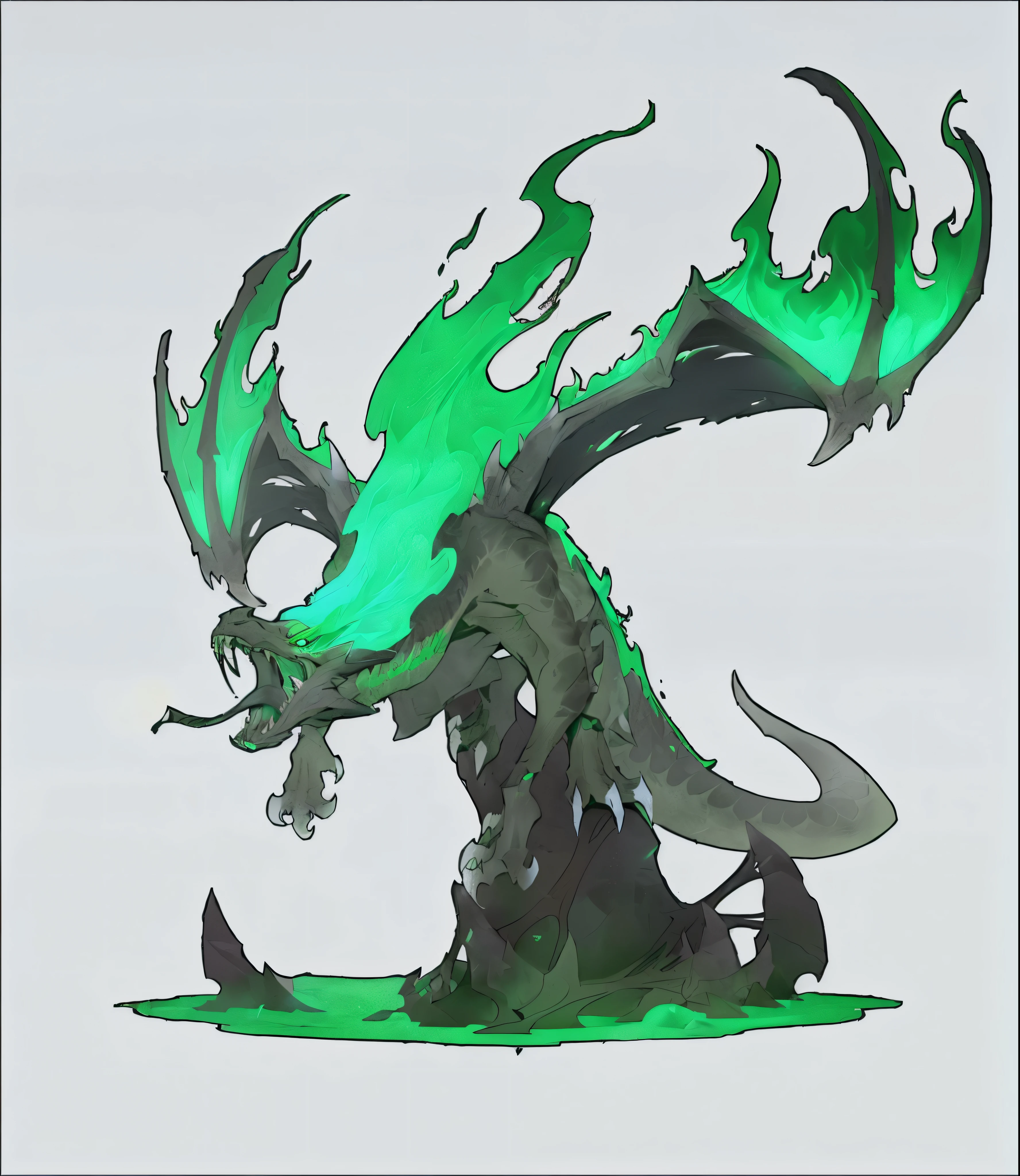 There is a green and black dragon,The tail is green, Full body dragon concept, Weird color scheme, massive green dragon!!!, fantasy concept art, Dota 2 concept art, Monster concept art, Demon's Souls concept art, terrible hatred, Glowing guy creature, Fantasy creature concept art, Biological Design, official concept art, concept creature character art