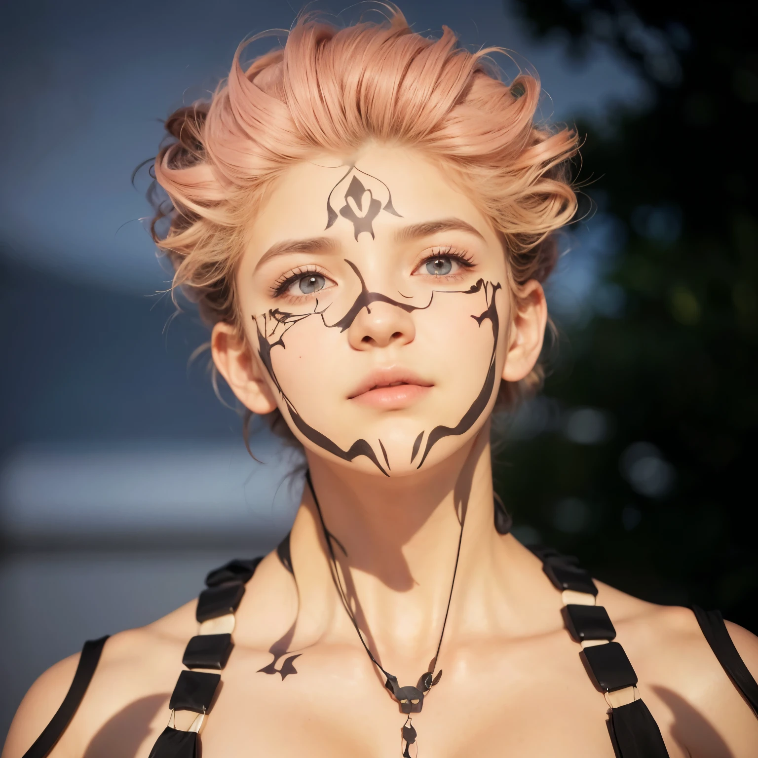 Adaptation to real life of this character., hermoso rostro,traje realista,ojos detallados,cabello negro y rosa realista,fondo realista,Hyper realistic,realism,luz realista, sombra realista,(fotorrealista:1.2), mirando al espectador,cuerpo musculoso,
