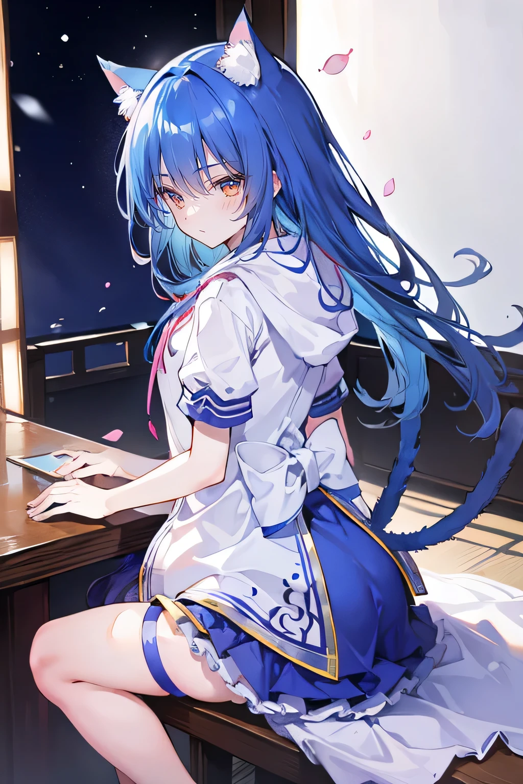 (masterpiece:1.2),Super detailed,lifelike,Expressive eyes,fair skin,perfect face shape,1 girl,
Japanese comics,Gorgeous blue hair,flowing blue hair,flowing clothes,Cat ears,Petals fall,beautiful lola,Baby Angel,
Shaking head with one hand,Cross your legs,Gentle and peaceful background,The pavilion is cool and comfortable,smile, wearing hoodie, background of tokyo,back views,snowing, winter.