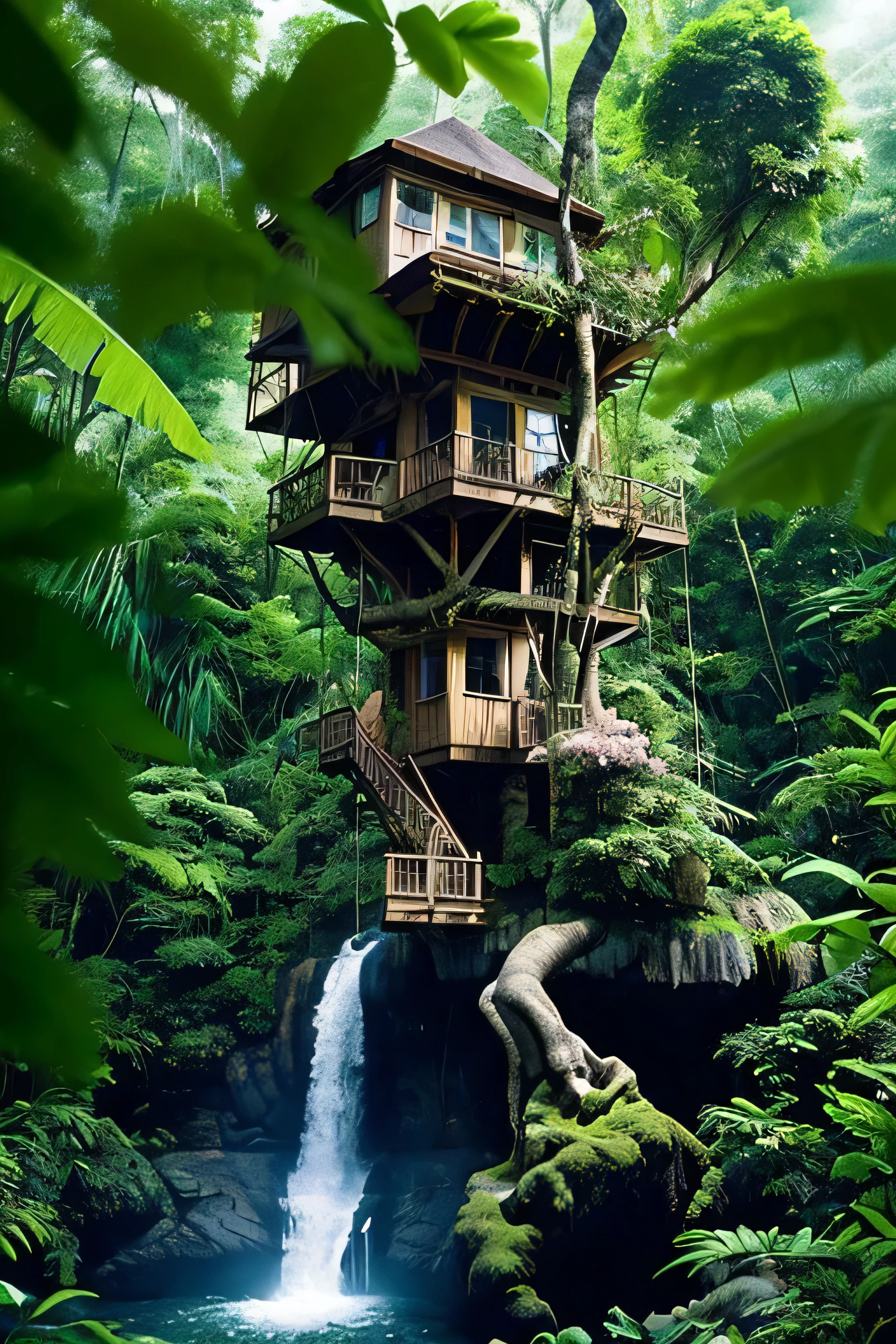 Perfection The Coolest tree house on a large rock in the middle of the jungle in The morning with waterfall, flowers in front of the house and trees on both sides of the house