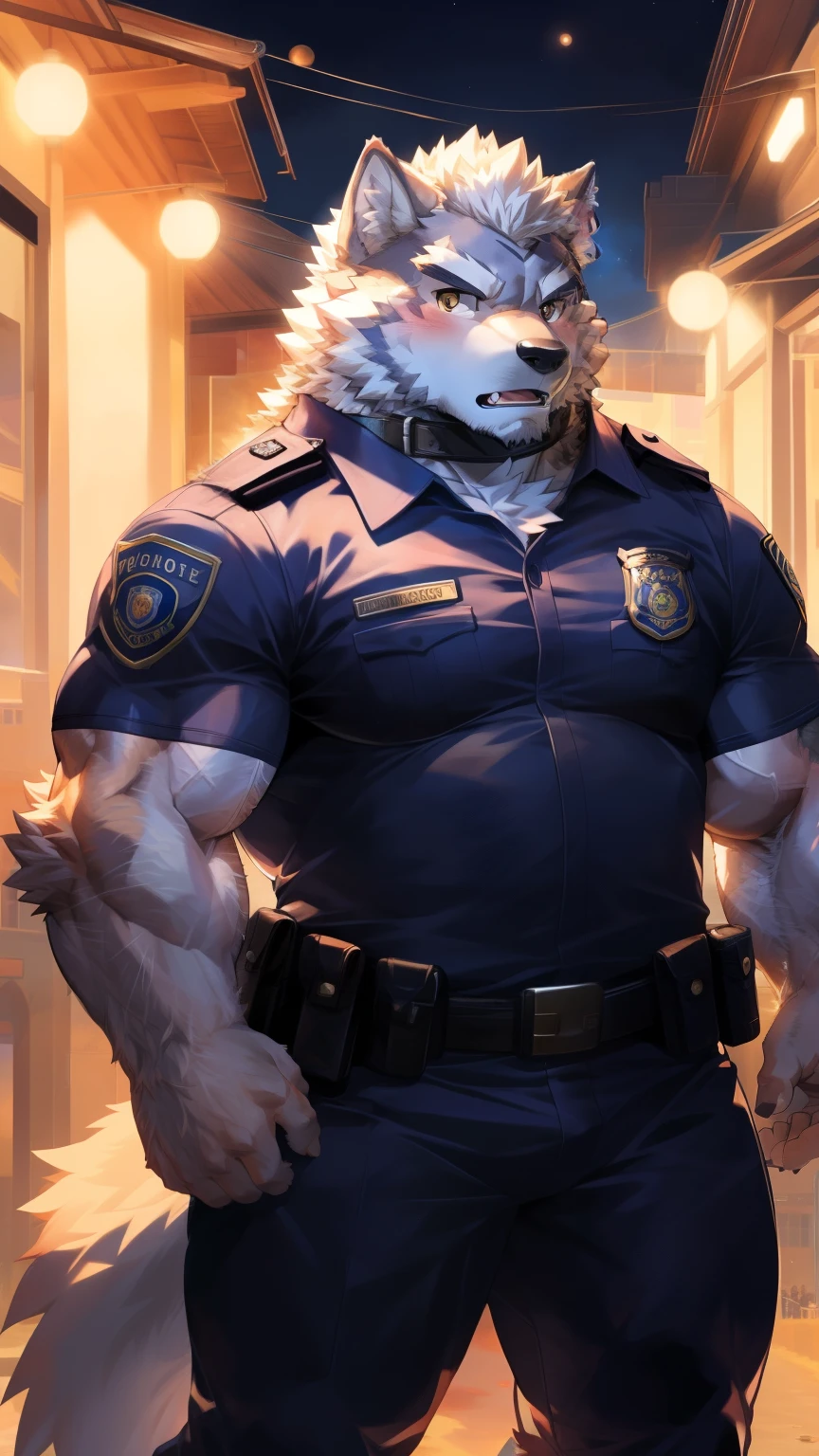 Solitary, anthropology, hairy, hairy male, Wolf, ((Fluffy fur, Fluffy, hairy body)), (Wolf印), (short beard), youth, Gray body, muscular, White, Big muscles, Golden pupils, Tail, deTailed teeth, deTailed face, Fundos, (Black tight police uniform), (The collar is open), Black leggings, Holding a pistol, 很Serious站在警车前, deTailed Fluffy fur, deTailed face, Look at the audience, majestic, barbarous, Serious, Blushing, Strong, Urban streets, Front view, (through empty ghost, From wolf26, masterpiece, high quality, high resolution,8k), permanent, Close-up portraits, outdoor, Dynamic poses, 