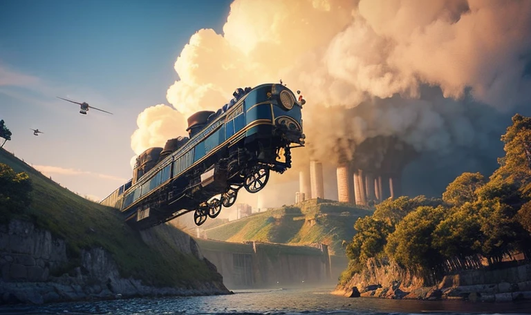 masterpiece, best quality, ultrahigh resolution, CG unity 8K wallpaper, photorealistic, award-winning photography, extremely high detailed, chromatic aberration, trending on artstation, trending on CGsociety, art by midjourney, dramatic, scenery, landscape, intricate, huge floating city beyond cloud, Dalaran, steampunk, 19th century, last exile, industrial revolution, mechanism, fantasy, airship, flying boat, blue sky, cloud, tree、Flying Train、Train-shaped flying boat、Flying steam locomotive、Steam locomotive flying boat、Sky Train