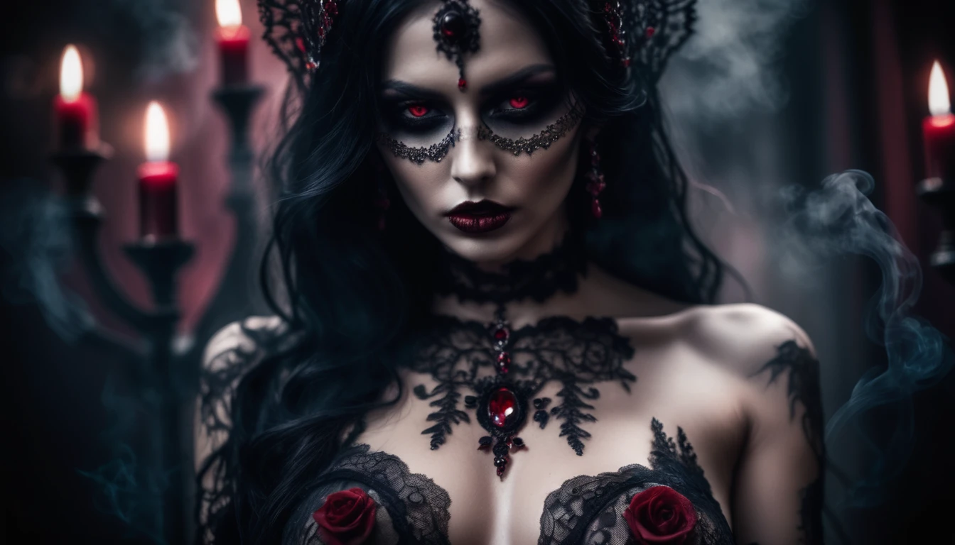 Grunge style, beautiful naked goddess of death, body intricately decorated with black and diamonds, deep red rubies, shiny, penetrating, black lace and smoke covers her nipples, dark and gloomy look, masterpiece, cinematic, bokeh, film grain, 1.8, 24 mm lens