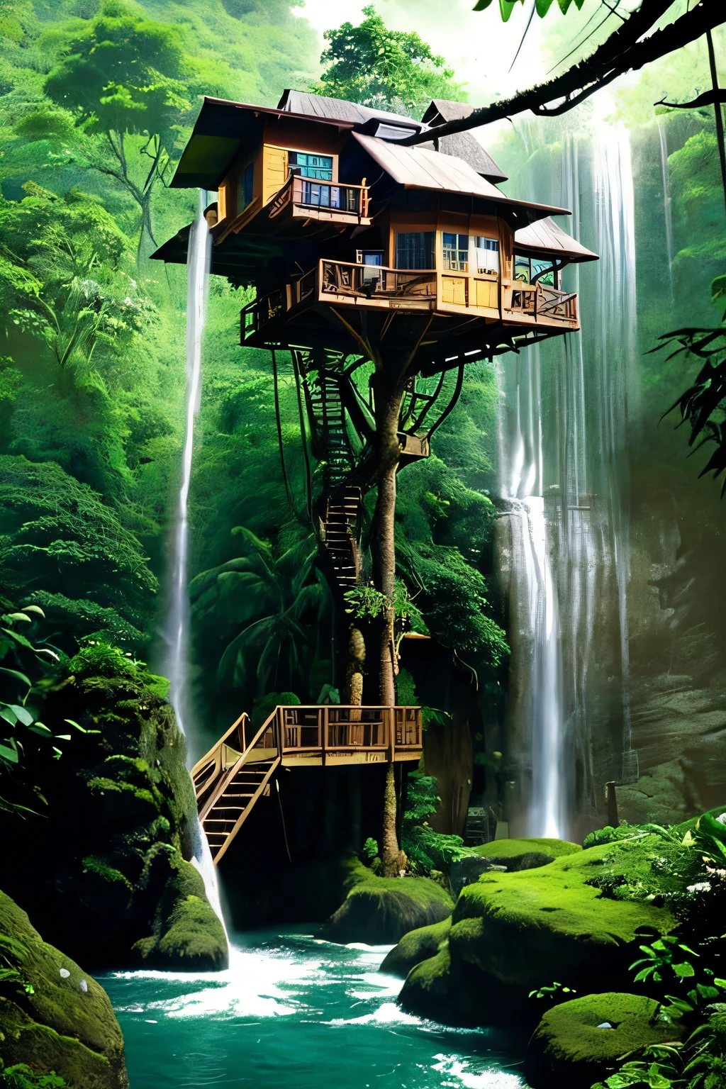 Perfection The Coolest tree house on a large rock in the middle of the jungle in The morning with waterfall, flowers in front of the house and trees on both sides of the house