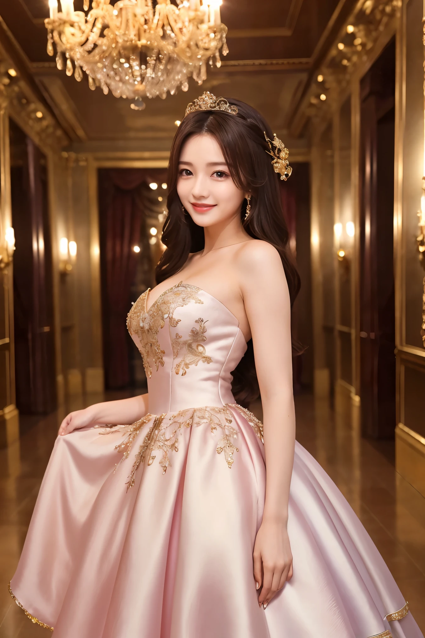 (highest quality、masterpiece、8k、Best image quality、Award-winning works)、1 female、(elegant luxury dress:1.1)、(Gorgeous glitter dress with intricate details:1.2)、Perfect Makeup、thin、The biggest smile is looking at me、(height: 140cm:1.2)、(Very short:1.2)、Standing full body photo、Perfect Anatomy、(A luxurious and gorgeous space々A party venue in a palace:1.1)、(Luxurious and spacious々The venue:1.1)、very bright and vivid、Beautiful eyes in ultra-high resolution、Ultra high resolution perfect beautiful teeth、Ultra-high definition beauty face、Ultra HD beautiful hair、Perfect teeth alignment