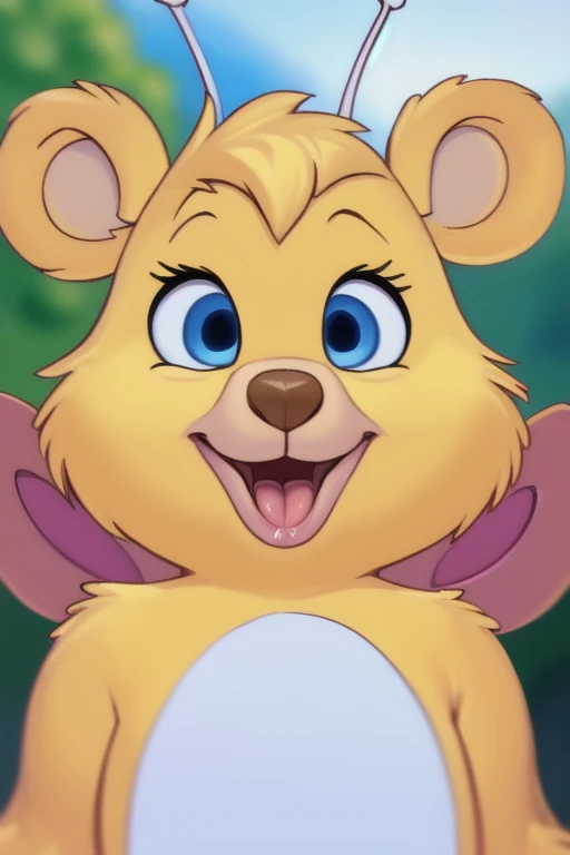 butterbear, bear, antennae_(anatomy), insect_wings, short stack, blue eyes, looking at viewer, wide open mouth, tongue hanging out,uvla, saliva dripping from tongue, close up of head , point of view,(detailed background, depth of field), (intricate:1.1), (high detail:1.2), (soft focus), (masterpiece, best quality, 8k, 4k, shaded, absurd res), by Chunie, by CyanCapsule, by Hallogreen, by carrot
