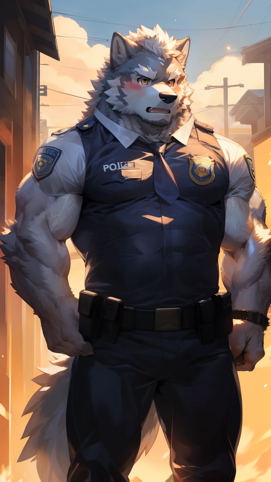 Solitary, anthropology, hairy, hairy male, Wolf, ((Fluffy fur, Fluffy, hairy body)), (Wolf印), (short beard), youth, Gray body, muscular, White, Big muscles, Golden pupils, Tail, deTailed teeth, deTailed face, Fundos, (Black tight police uniform), (The collar is open), Black leggings, Holding a pistol, 很Serious站在警车前, deTailed Fluffy fur, deTailed face, Look at the audience, majestic, barbarous, Serious, Blushing, Strong, Urban streets, Front view, (through empty ghost, From wolf26, masterpiece, high quality, high resolution,8k), permanent, Close-up portraits, outdoor, Dynamic poses, 