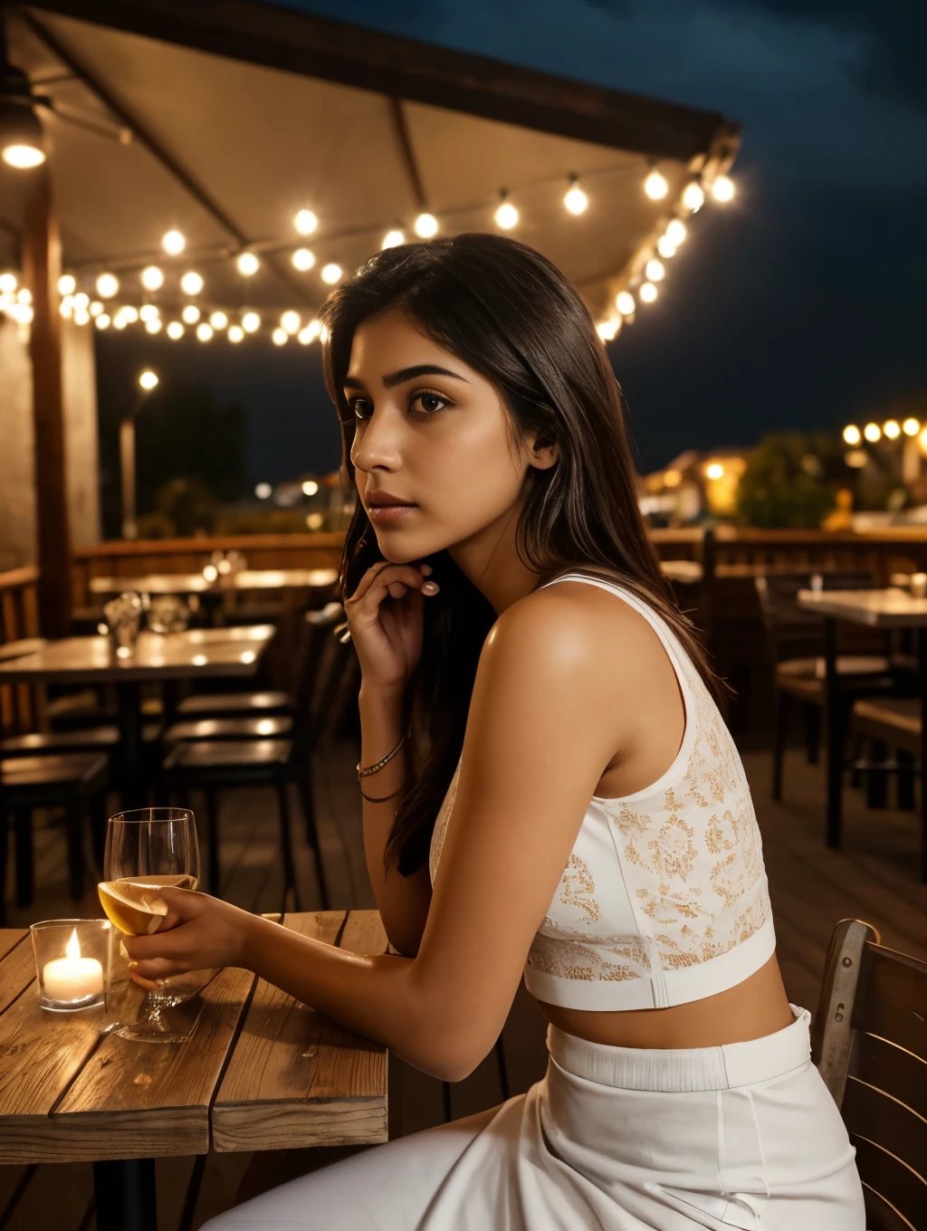 Raw photo, realistic,girl,Indian girl,age 22, full body,pale skin, body, beautiful face, detailed face,crop top dress, medium breasts, upper body, sitting, cowboy shot, outdoor, night, restaurant, ((looking at viewer:1.4)),((face towards me)), from below,side profile