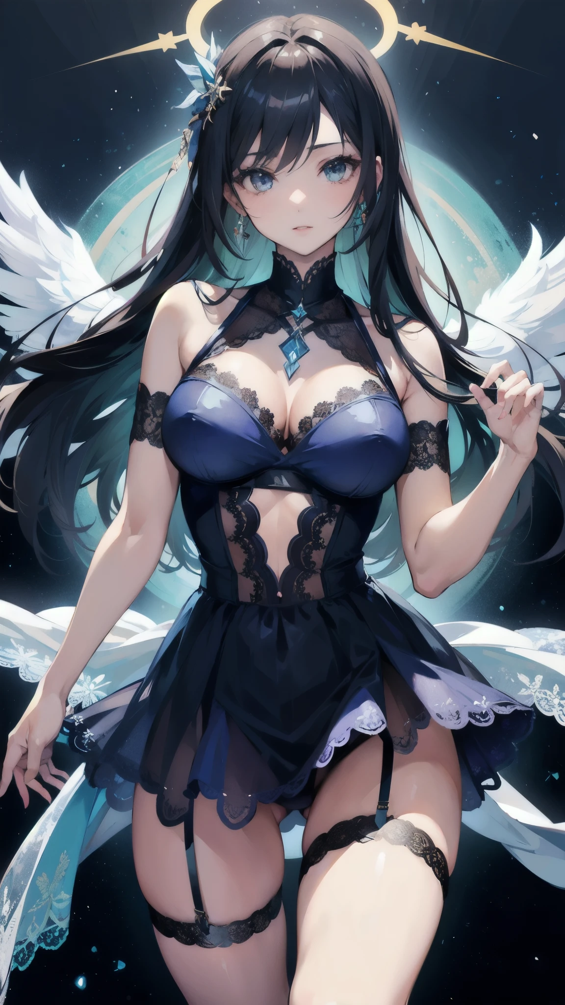 ((masterpiece, best quality)), Detailed face,Final Fantasy,Rinoa,whole body,Perfect body proportions,Blink,halo above head,Fantasy style,extremely beautiful,transparent,Sexy Lingerie,Lace,Garter stockings