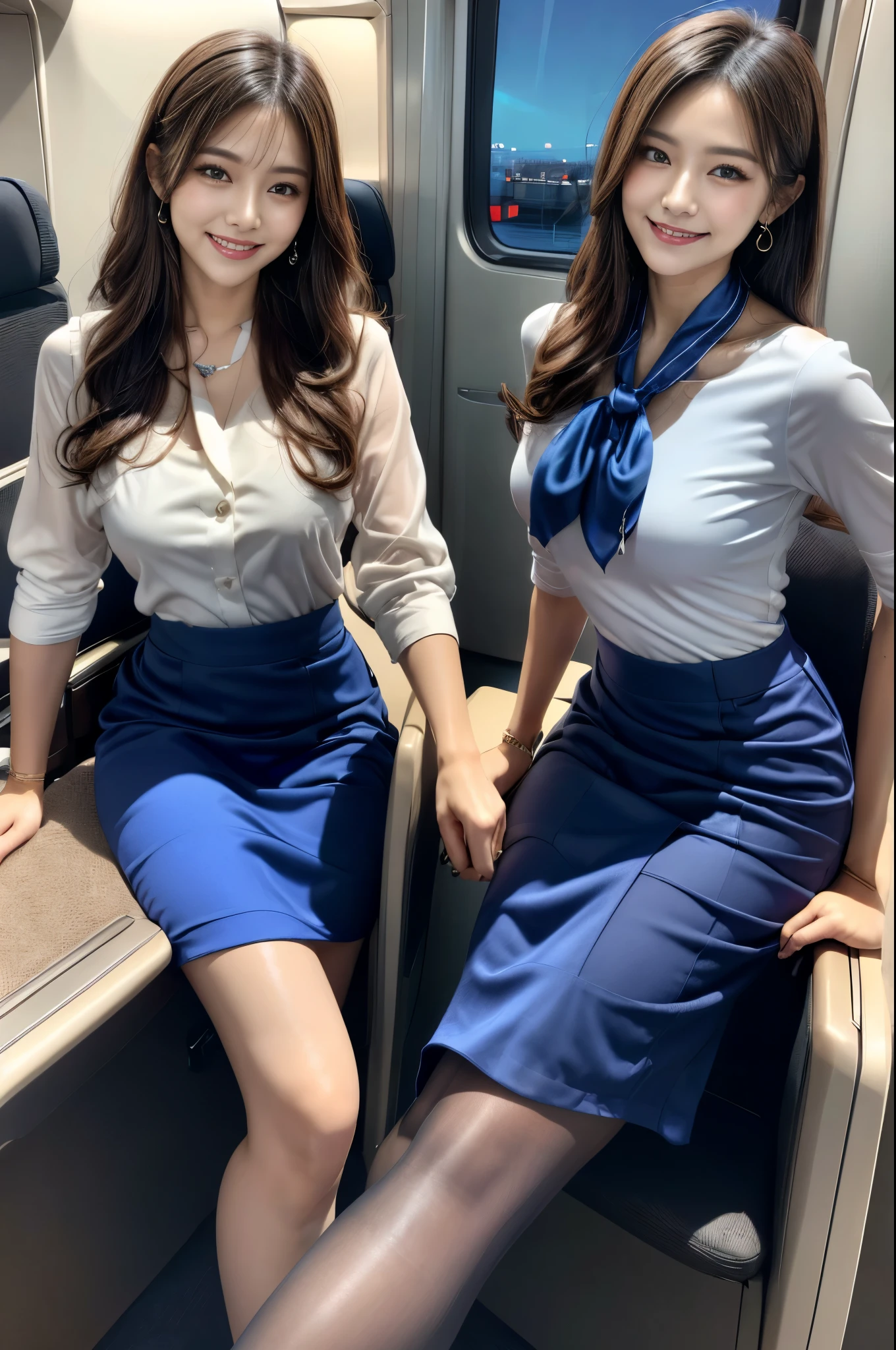 ((masterpiece、highest quality))、Detailed face、素敵なsmile、(Airline stewardesses:1.3)、(Blue silk scarf)、full、Bodycon crew neck lace top，Blue Tight Mini Skirt，1 girl、Symmetrical Lighting、High heels、Sexy woman、concentrated、Charm、セクシーなHigh heels、(Airplane Business Class:1.2)、Sit on a chair，Crossing your legs，Sexy Ten Paws、Naughty legs、Sexy panties、 White patterned pantyhose、suspenders、smile、very tight costume、