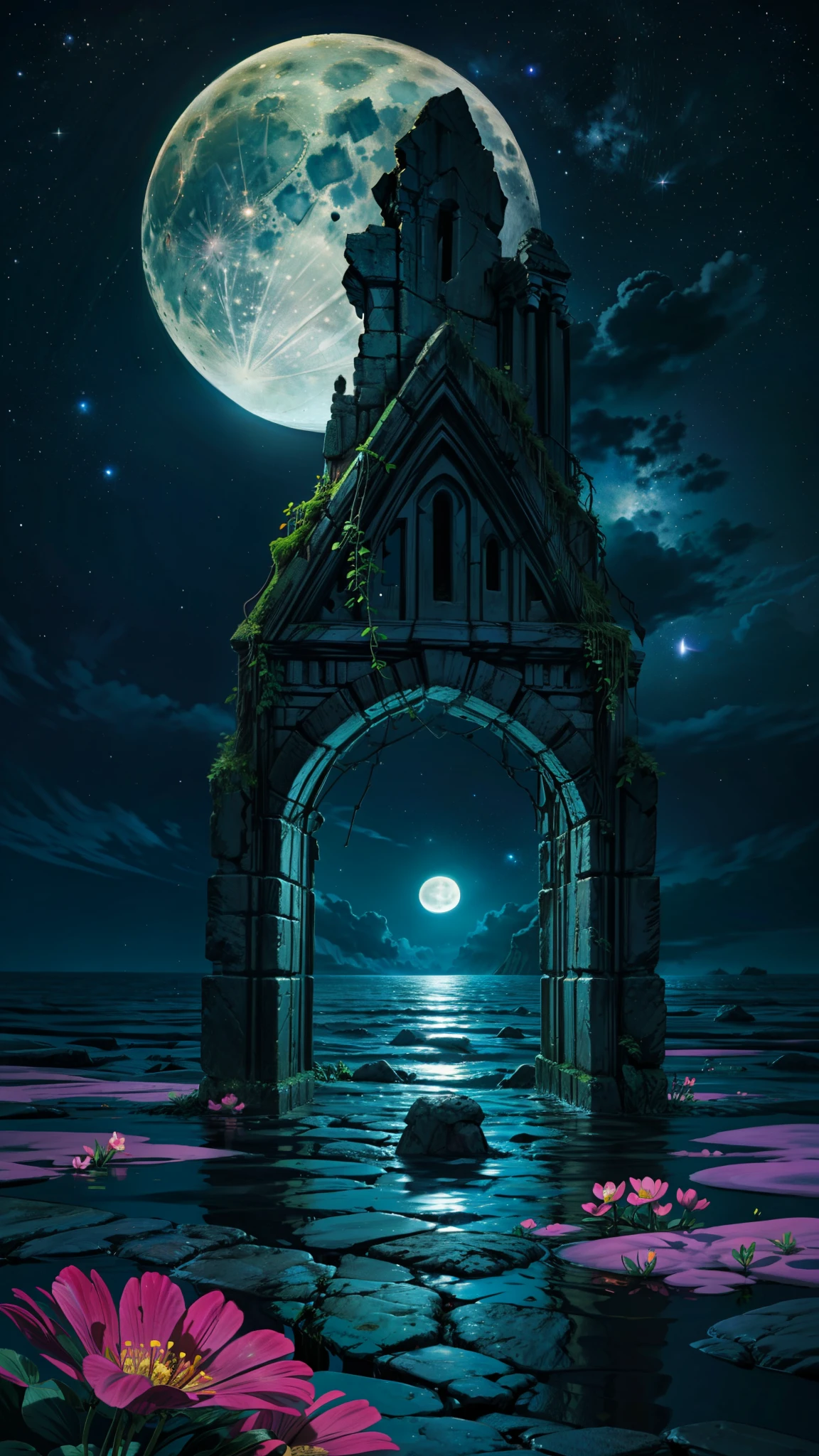 (obra de arte, melhor qualidade:1.2), (high resolution, abstrato:1.1), ultra detalhe, ruinas gregas, Ancient Greece, oceano e flores rosas iluminadas na frente ultra detalhadas, galaxy sky with stars and an ultra detailed moon, uma cascata vindo de um buraco negro