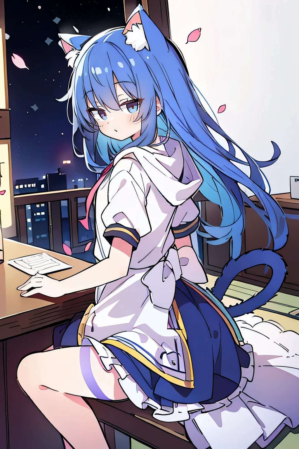 (masterpiece:1.2),Super detailed,lifelike,Expressive eyes,fair skin,perfect face shape,1 girl,
Japanese comics,Gorgeous blue hair,flowing blue hair,flowing clothes,Cat ears,Petals fall,beautiful lola,Baby Angel,
Shaking head with one hand,Cross your legs,Gentle and peaceful background,The pavilion is cool and comfortable,smile, wearing hoodie, background of tokyo,back views,snowing, winter.
