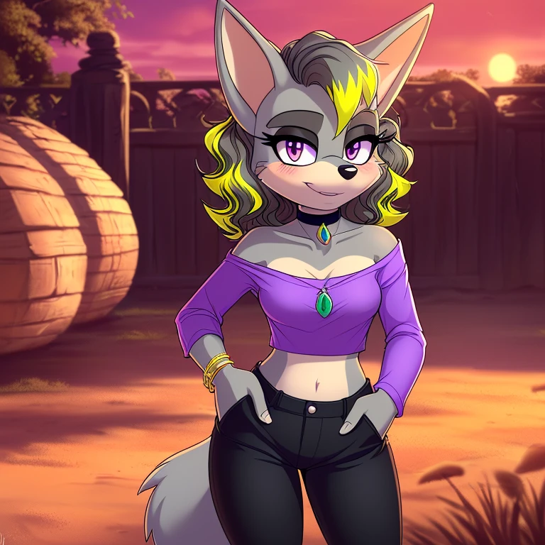 best quality, ultra-detailed, cinematic lighting, beautiful lighting, ((Masterpiece)), hi res, detailed, detailed background, vibrant lighting, high quality, cartoon style, 2d, (Mobian:1.1), solo, (((1girl))), (((female))), (((grey jackal))), grey body fur, ((grey medium wavy hair, yellow highlights:1.3)), tail, (((grey tail))), pink eyes, lean body, ((adult)), (((jewelry, shirt, outdoors, pants, crop top, hand in pocket, blush, no sleeves, collarbone, black pants, necklace, cowboy shot, off-shoulder shirt, black choker, off shoulder, purple shirt))), looks at viewers, bright blush, cute smile, soft, standing