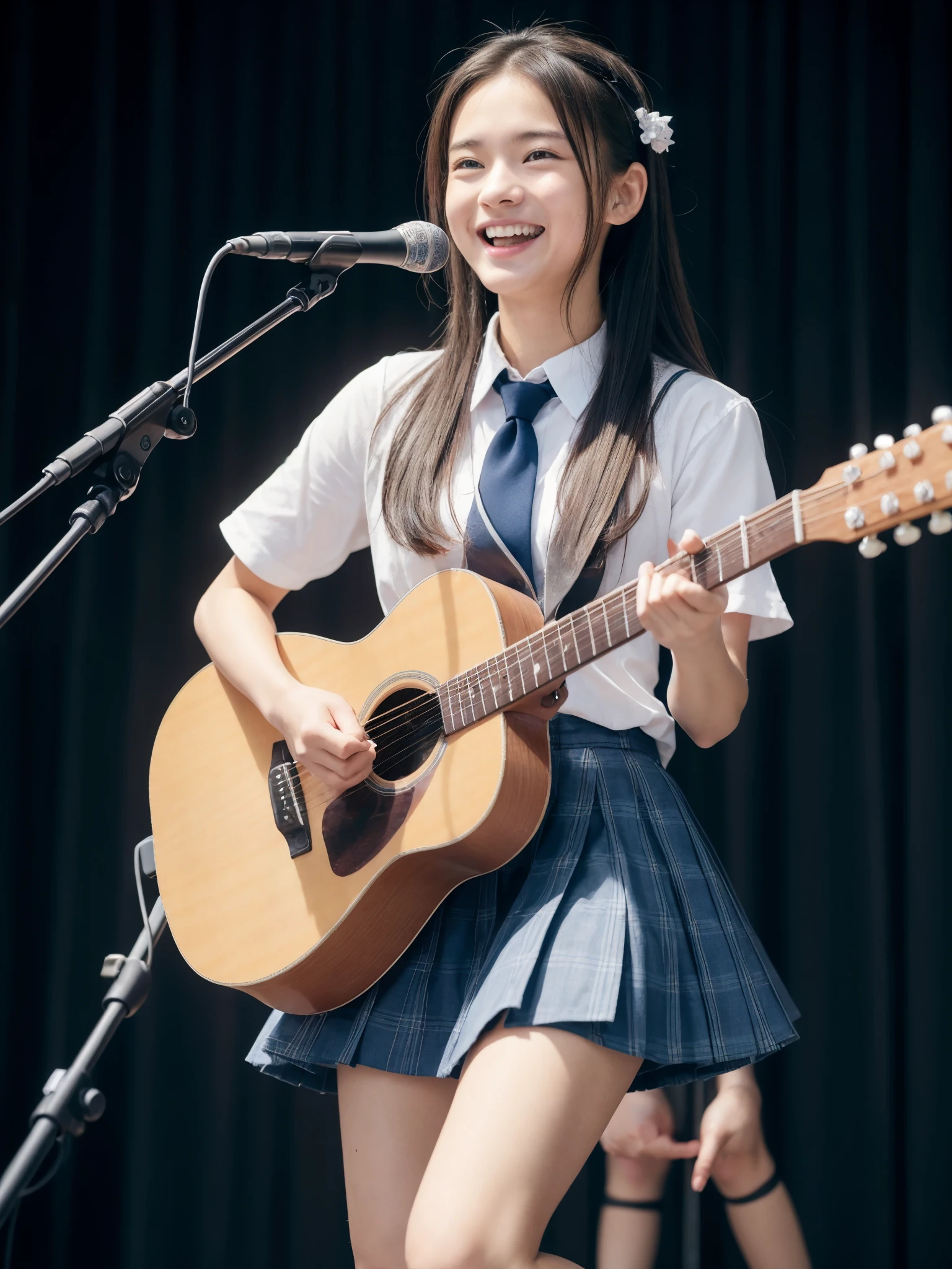 アイドルのようにvery cute、16歳のYoung faceのhigh school student少女, Young face、very cute、Smiling Kindly、High School Cultural Festival、Cultural Festival Live、High School Uniform、High は胸の谷間が見えるデザイン、Singing on the gymnasium stage、In front of the students、Full body portrait、 Natural light、Accurate、Anatomically correct、Textured skin、Super Detail、 Attention to detail、highest quality、High resolution、Real、realism、Raw photo、Genuine、masterpiece、Guitar Heroine、high school student、Live at the gym