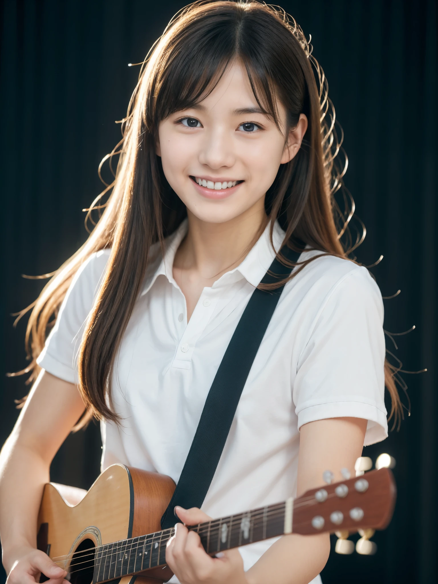アイドルのようにvery cute、歳のYoung faceのhigh school st, Young face、very cute、Smiling Kindly、High School Cultural Festival、Cultural Festival Live、High School Uniform、High は胸の谷間が見えるデザイン、Singing on the gymnasium stage、In front of the students、Full body portrait、 Natural light、Accurate、Anatomically correct、Textured skin、Super Detail、 Attention to detail、highest quality、High resolution、Real、realism、Raw photo、Genuine、masterpiece、Guitar Heroine、high school student、Live at the gym