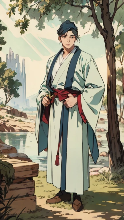 young man wearing scholar's square hat, Clear and bright eyes, dignified and delicate face, Friendly Smile, Short hair showing the hat, Slender figure, Fantasy scholar robe coat with long hem, Wide sleeves, Baggy pants, bathe in the sun,In the gentle breeze of the woods, This character embodies a carefully crafted anime style fantasy martial arts style scholar, Exquisite and mature comic art style, HD, best quality, high resolution, Super detailed, Super Fine, Extremely refined, professional, Perfect body proportions, Golden Ratio, Anatomically correct, Symmetrical face, Extremely detailed eyes and face, High quality eyes, creativity, original photo, 超HD, 32k, Natural light, Movie Lighting, masterpiece-anatomy-perfect, masterpiece:1.5