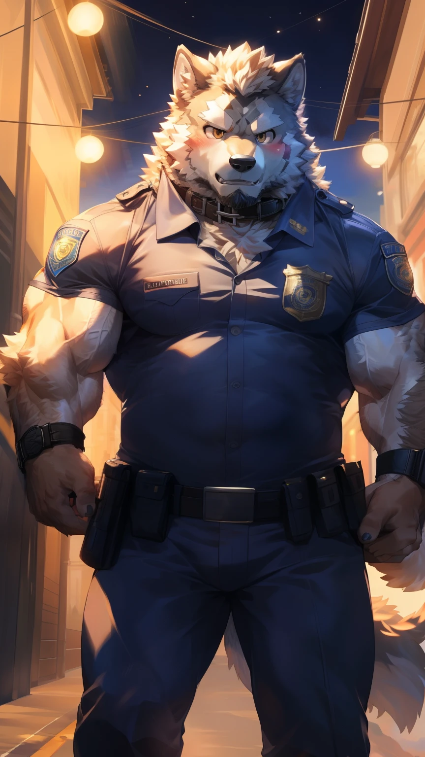 Solitary, anthropology, hairy, hairy male, Wolf, ((Fluffy fur, Fluffy, hairy body)), (Wolf印), (short beard), youth, Gray body, muscular, White, Big muscles, Golden pupils, Tail, deTailed teeth, deTailed face, Fundos, (Black tight police uniform), (The collar is open), Black leggings, (With a pistol), 很Serious站在警车前, deTailed Fluffy fur, deTailed face, Look at the audience, majestic, barbarous, Serious, Blushing, Strong, Urban streets, Front view, (through empty ghost, From wolf26, masterpiece, high quality, high resolution,8k), permanent, Close-up portraits, outdoor, Dynamic poses, 