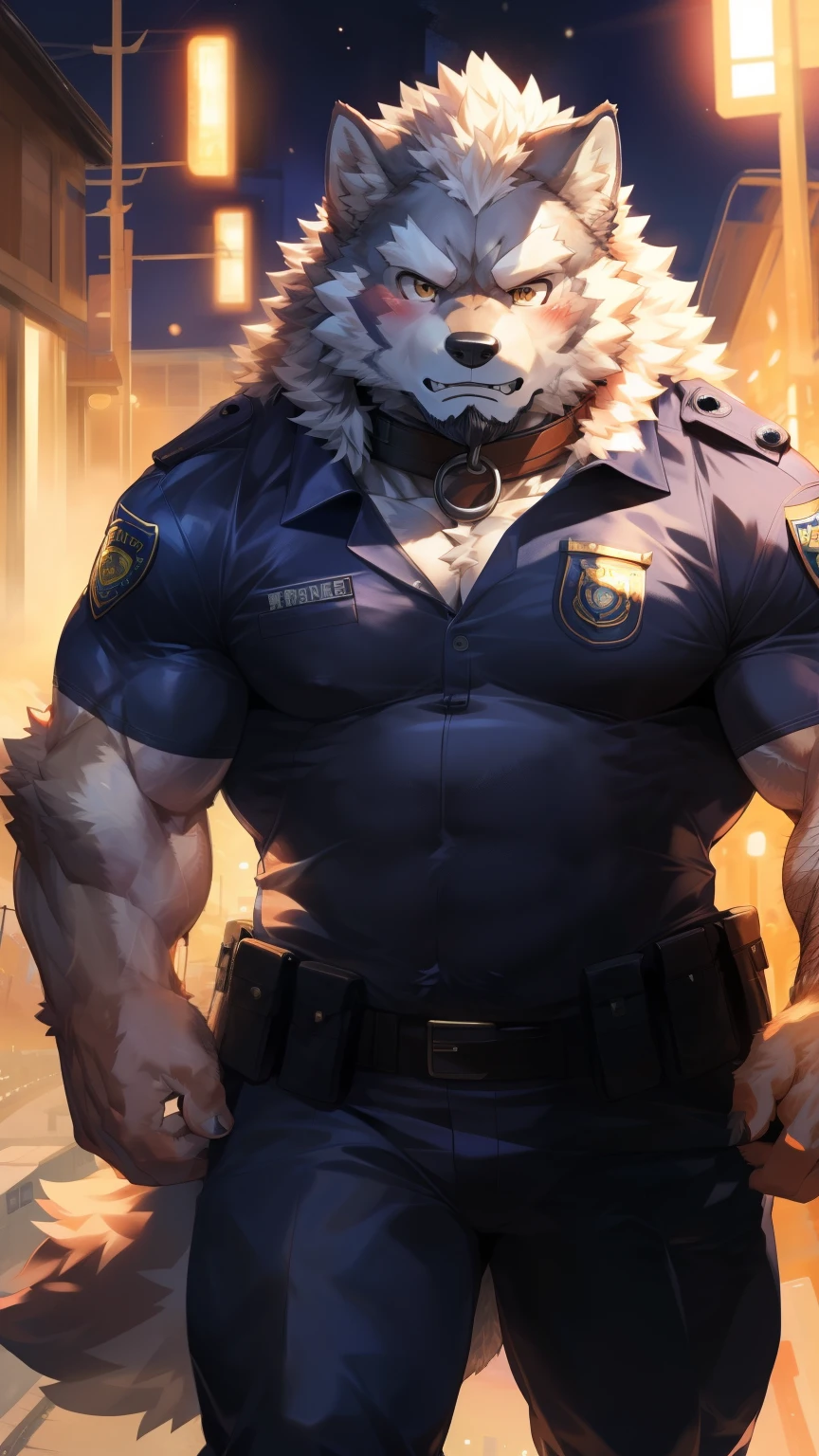 Solitary, anthropology, hairy, hairy male, Wolf, ((Fluffy fur, Fluffy, hairy body)), (Wolf印), (short beard), youth, Gray body, muscular, White, Big muscles, Golden pupils, Tail, deTailed teeth, deTailed face, Fundos, (Black tight police uniform), (The collar is open), Black leggings, (With a pistol), 很Serious站在警车前, deTailed Fluffy fur, deTailed face, Look at the audience, majestic, barbarous, Serious, Blushing, Strong, Urban streets, Front view, (through empty ghost, From wolf26, masterpiece, high quality, high resolution,8k), permanent, Close-up portraits, outdoor, Dynamic poses, 