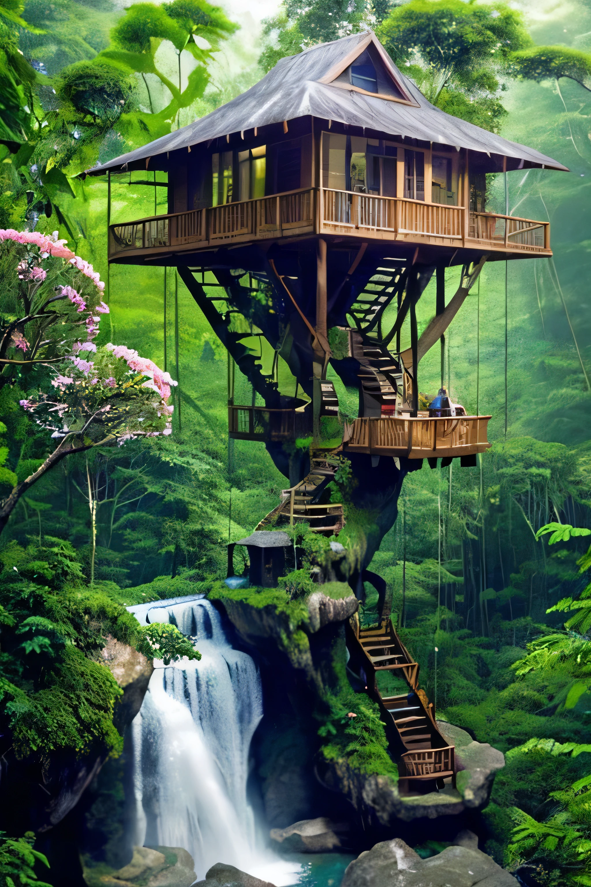 Perfection The Coolest tree house on a large rock in the middle of the jungle in The morning with waterfall, flowers in front of the house and trees on both sides of the house