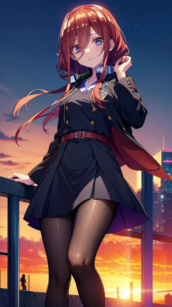 Miku Nakano, Miku Nakano, Long Hair, bangs, blue eyes, Brown Hair,,Blue Hairband ,Hair between the eyes, happy smile, smile, Open your mouth,Headphones around the neck,OL, Akagi Glasses, Black suit jacket, Collared jacket, White dress shirt, Collared shirt, Neckline, button, Black pencil skirt, Black Pantyhose,Stiletto heels,Too,sunset,evening,Too陽が沈んでいる, It's as if your whole body is in the illustration.,Looking up from below,
break outdoors, city,construction area,
break looking at viewer, (Cowboy Shot:1. 5)
break (masterpiece:1.2), highest quality, High resolution, unity 8k wallpaper, (shape:0.8), (Beautiful details:1.6), Highly detailed face, Perfect lighting, Highly detailed CG, (Perfect hands, Perfect Anatomy),