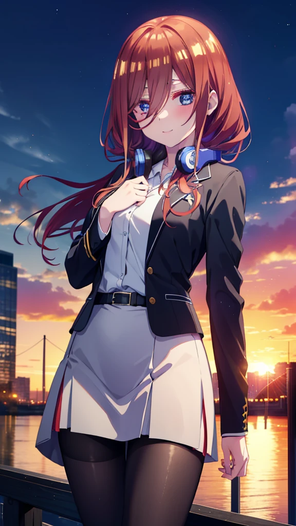Miku Nakano, Miku Nakano, Long Hair, bangs, blue eyes, Brown Hair,,Blue Hairband ,Hair between the eyes, happy smile, smile, Open your mouth,Headphones around the neck,OL, Akagi Glasses, Black suit jacket, Collared jacket, White dress shirt, Collared shirt, Neckline, button, Black pencil skirt, Black Pantyhose,Stiletto heels,Too,sunset,evening,Too陽が沈んでいる, It&#39;s as if your whole body is in the illustration.,Looking up from below,
break outdoors, city,construction area,
break looking at viewer,  (Cowboy Shot:1. 5)
break (masterpiece:1.2), highest quality, High resolution, unity 8k wallpaper, (shape:0.8), (Beautiful details:1.6), Highly detailed face, Perfect lighting, Highly detailed CG, (Perfect hands, Perfect Anatomy),