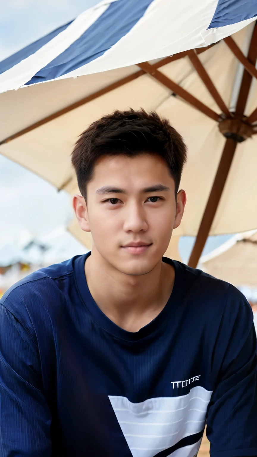 ((Young man wearing blue and white thin horizontal striped T-shirt ))((The background is under the large parasol of the outdoor cafe))masterpiece），（Best quality），（Reality：1.6），Real human skin，Depth of Field, Natural Lighting, Looking at the audience, 1 boy, Handsome，show off，In the classroom，