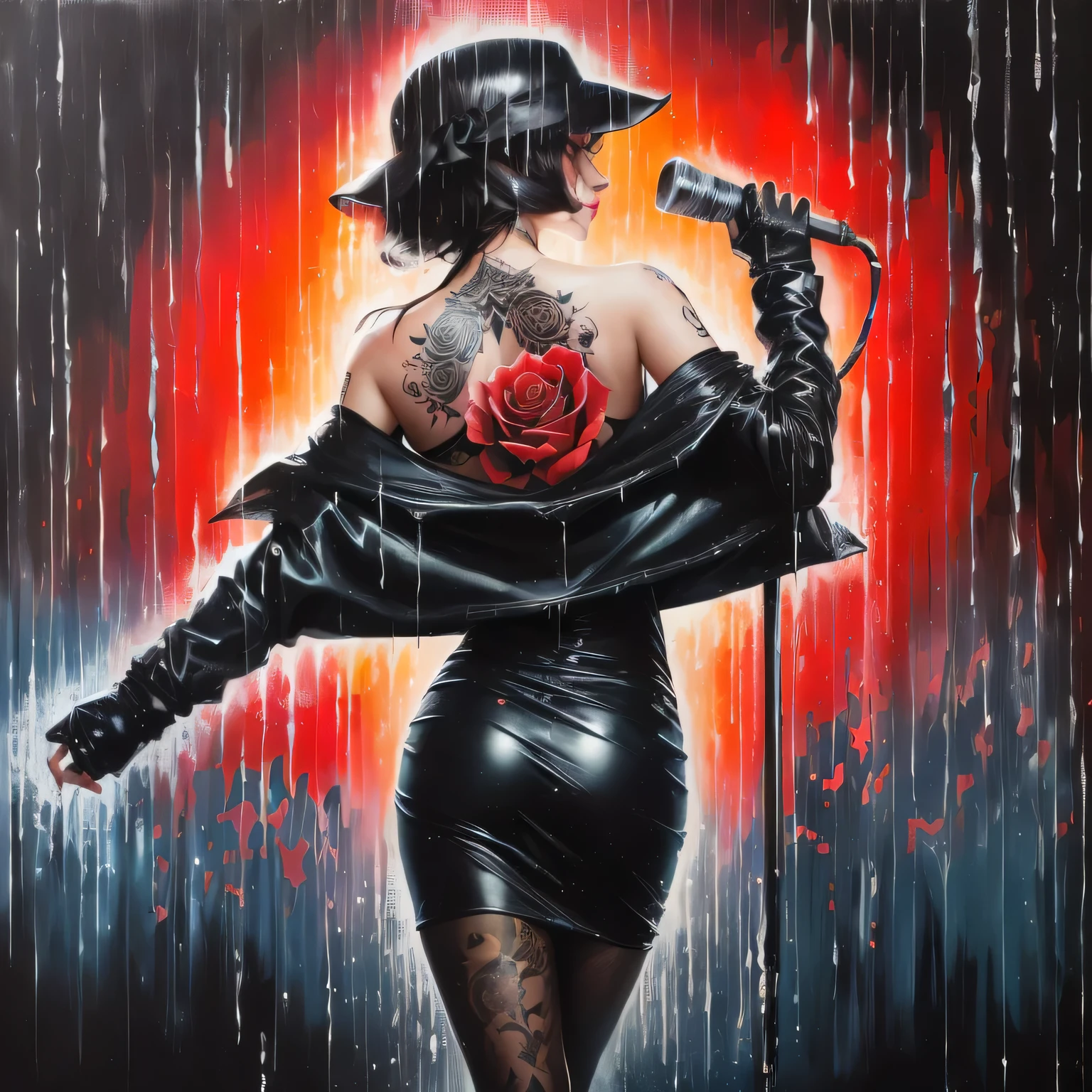 Rose tattooAn artistic painting An artistic painting of a woman wearing a short dress on her back, a rose tattoo on her back, carrying a long voice, her features are sharp, standing in the rain, black leather clothes, dancing in a storm, and the colors dominate the painting: red and black, by Zelma Blakely, by Sheila McLean, by Heather Hudson, by Jack Paul, By Tina Blundell, painted on black velvet, by Edna Mann