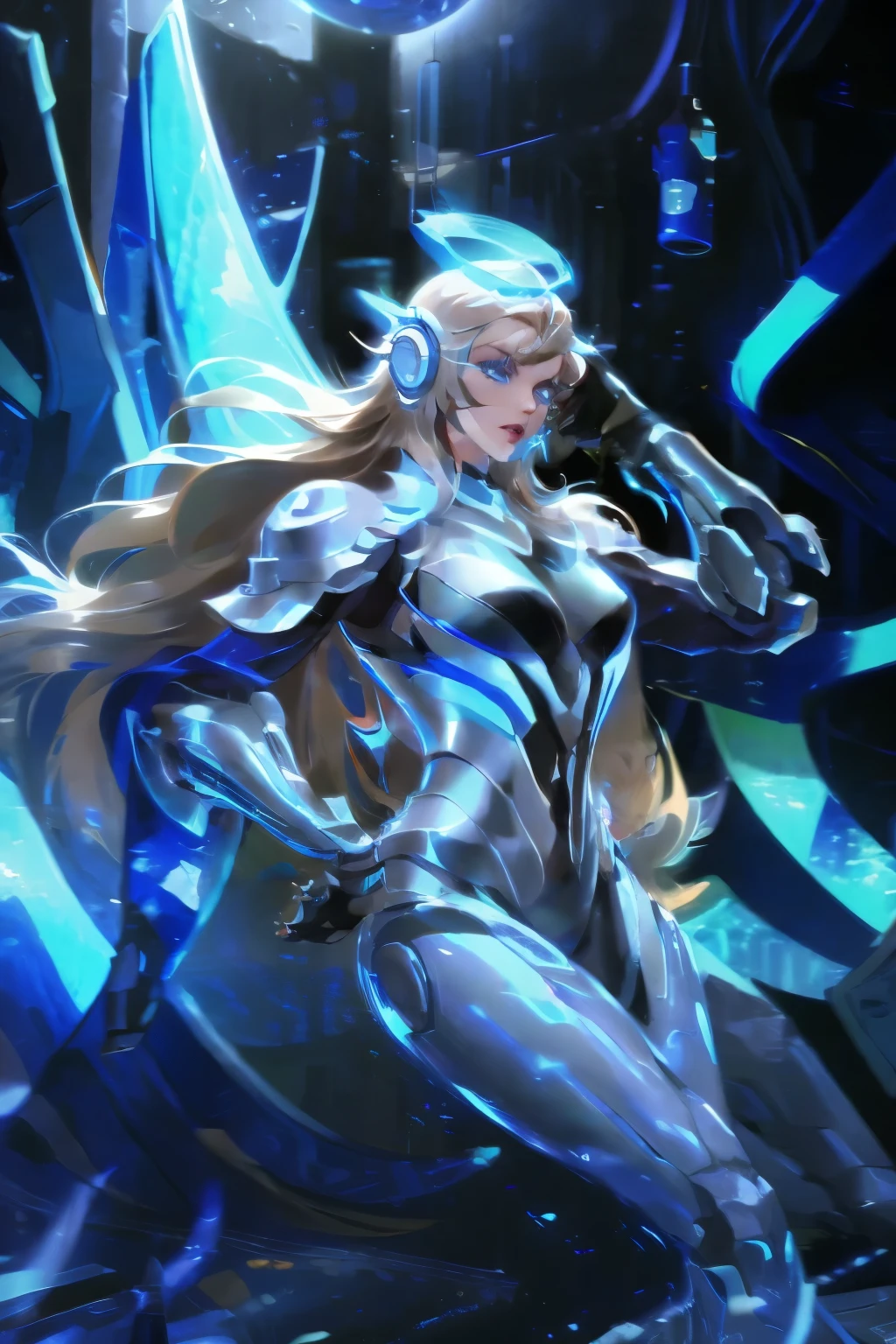 Big black eyes, Halo, Light Brown Wavy Long Hair, Black and blue sci-fi armor, Sci-fi style, high quality, atmosphere, war