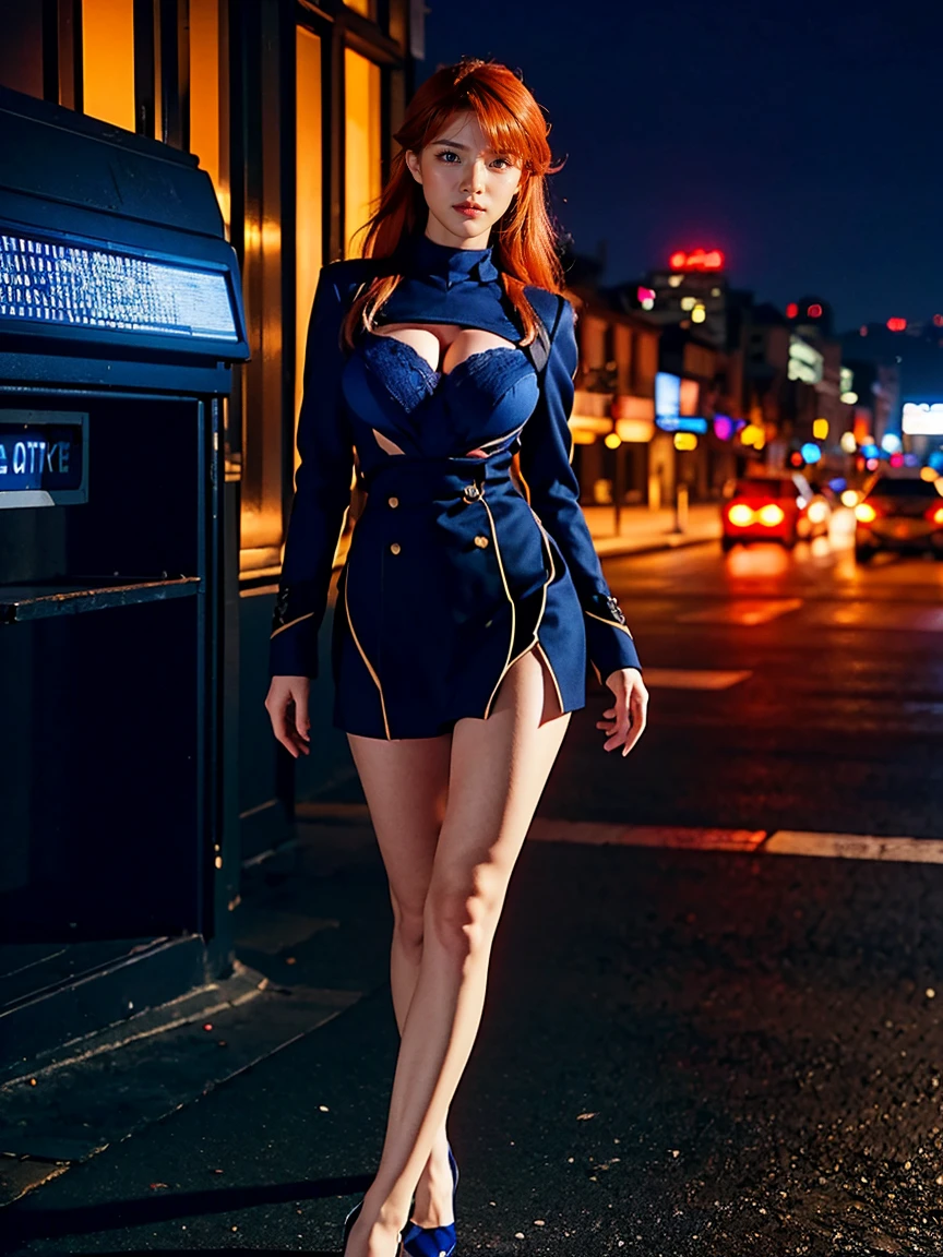 (1 lady), (Best quality at best:1.4), (ultra - detailed), (extremely detailed CG unified 16k), A Beautiful Woman with Perfect Figure: 1.4, Sharp Focus: 1.2, very detailed, High-definition RAW color photo, professional photoshooting, amazing face and eyes, cosmetics, (amazingly beautiful girl), ((asuka)), ((navy blue police uniform, bdu)), standing, sexyposture，(Dark and stylish urban landscape, city lights, city lights:1.3), (look from down), realistic cinematic face, head to feet long wide zoomed out view, full body long view, photorealistic, ((realistic natural orange redhair style, blue eyes, long hair)), gorgeous, extremely beautiful face, perfect model beauty, pout mouth, Highly Detailed Face and Skin Texture, Detailed Eyes, Double Eyelids, Medium Breasts, Smile, cleavages, western, (masterpiece), best quality, high resolution, extremely detailed, blurred background, depth of field, cinematic lighting, amazing legs, high heels, clear and well-cared skin, (((woman occupies most of the picture)))