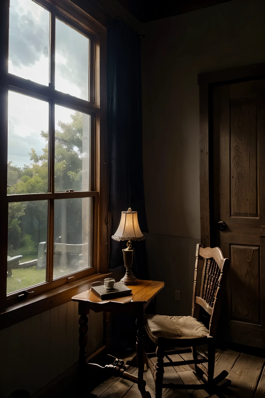 In a room with dimmed light, moonlight streams through a large old wooden window, revealing the moon and cloudy sky. Outside, on a branch visible through the window, sits a raven. In front of the window stands an old rocking chair, next to which is an antique wooden side table. On the table lies an open book, with an old candlestick standing beside it, holding a lit candle