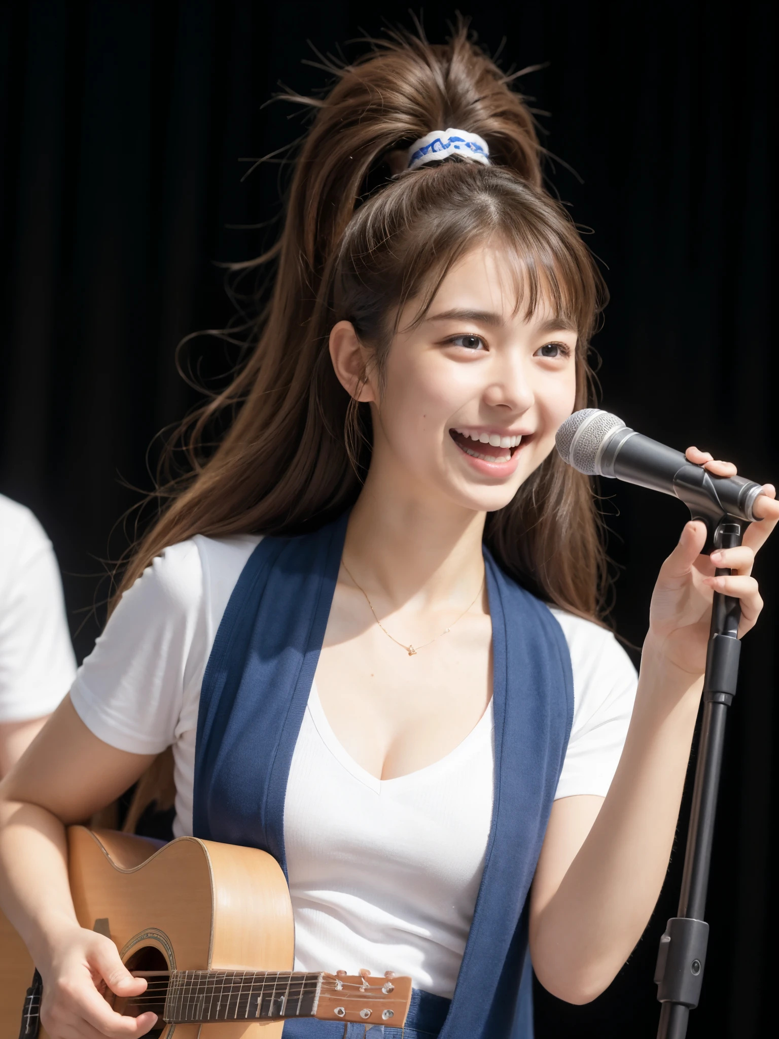 アイドルのようにvery cute、16歳のYoung faceのhigh school student少女, Young face、very cute、Smiling Kindly、High School Cultural Festival、Cultural Festival Live、High School Uniform、High はCleavageが見えるデザイン、Cleavage、Singing on the gymnasium stage、In front of the students、Full body portrait、 Natural light、Accurate、Anatomically correct、Textured skin、Super Detail、 Attention to detail、highest quality、High resolution、Real、realism、Raw photo、Genuine、masterpiece、Guitar Heroine、high school student、Live at the gym