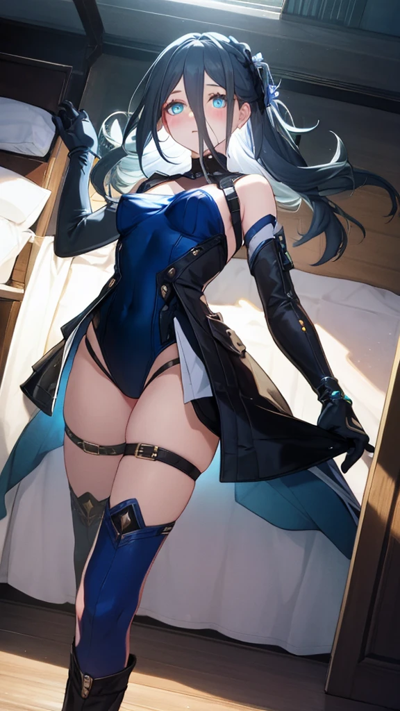 tmasterpiece, need, 1个Giant Breast Girl, Alone, Long gray hair, , looking at viewert, through bangs, mitts, cropped shoulders, middlebreast, sitted, Blue hair, purpleeyes, Flowers, ahoge, lace hose, the sleeve, cow horn, Black gloves,Eau, high-heels, seen from the side, black pantyhoses, Side breasts, employment (genshin impact), employment,