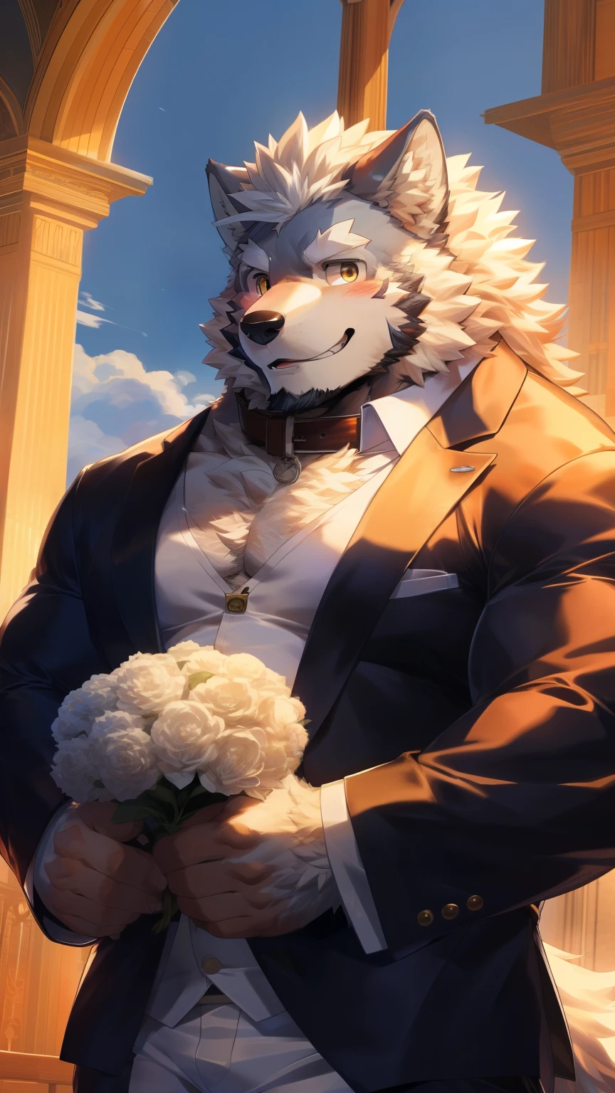 Solitary, anthropology, hairy, hairy male, Wolf, ((Fluffy fur, Fluffy, hairy body)), (Wolf印), (short beard), youth, Gray body, muscular, White, Big muscles, Golden pupils, Tail, deTailed teeth, deTailed face, Fundos, bridegroom, (Black suit suit), (The collar is open), Holding a bouquet of white flowers, 害羞的站在church门前, deTailed Fluffy fur, deTailed face, Look at the audience, majestic, barbarous, A faint smile, Blushing, Strong, church, White dove, Front view, (through empty ghost, From wolf26, masterpiece, high quality, high resolution,8k), permanent, Close-up portraits, outdoor,